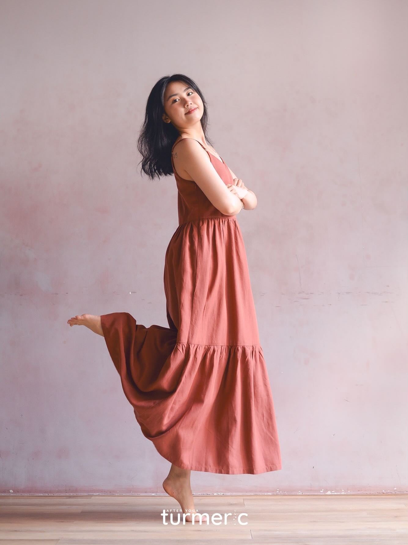 "Grace Maxi - Premium Linen dress in brick red by Turmeric, sleeveless, flowing design"