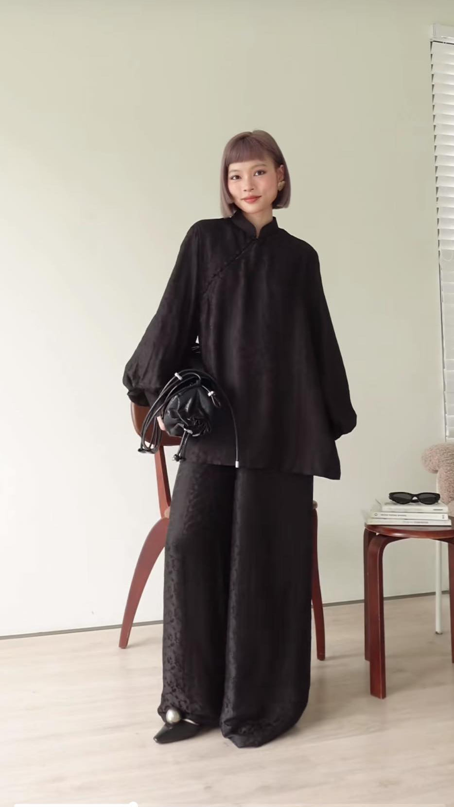 KY Ao-Ngan (Shorter version of Ao-dai) with Balloon Sleeve - Wormsilk - front view by Huyen Collection