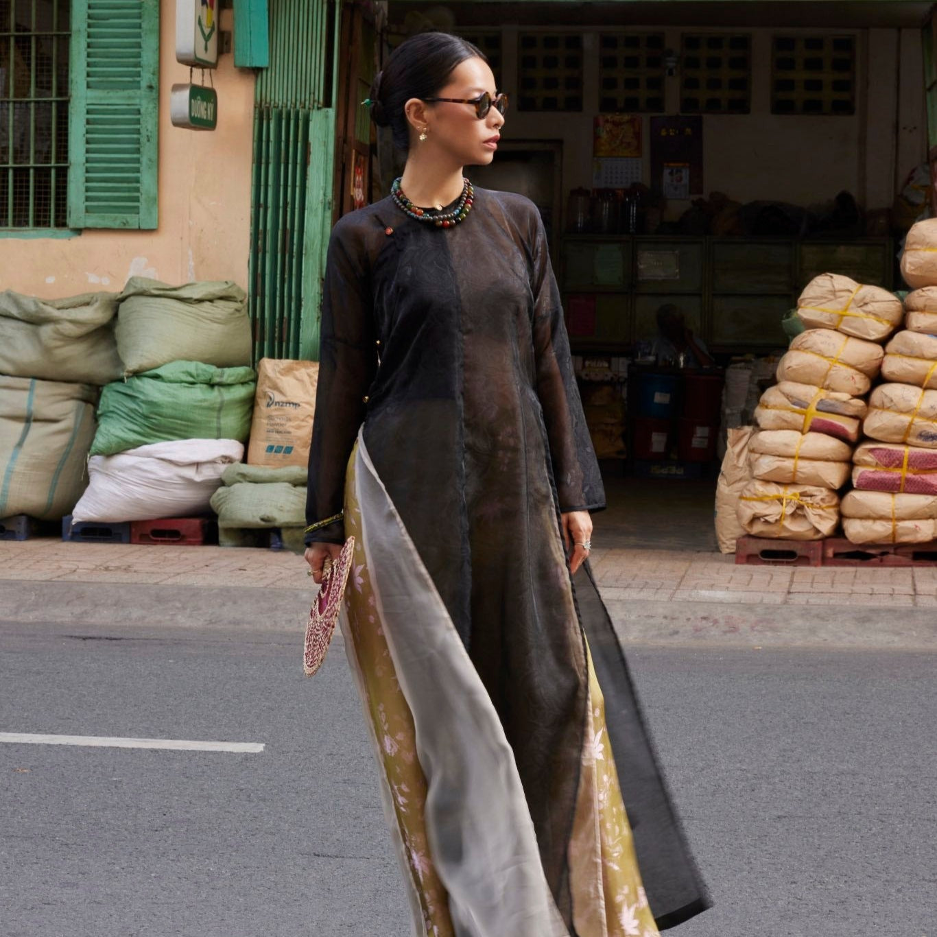 Golden Grace – Hand-Embroidered Silk Áo Dài Set by Lo Boutique - front view showcasing traditional Vietnamese áo dài design, premium Vietnamese wormsilk clothing