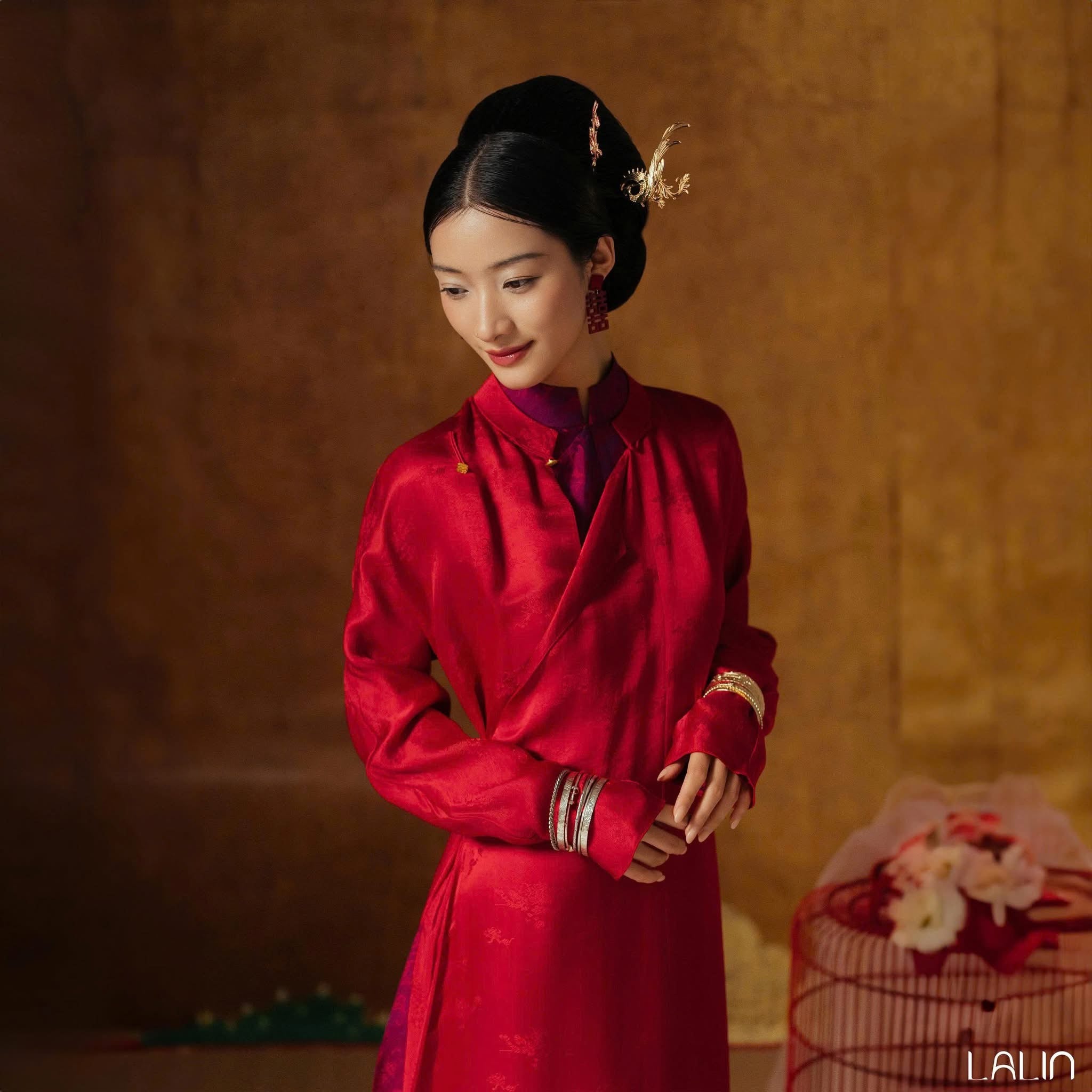 Thy Giao Ao-dai Set – Luxury Double-layer Hand-Embroidered WormSilk in Crimsom [Wedding Collection] by Lalin - front view showcasing traditional Vietnamese áo dài design, premium Vietnamese silk clothing
