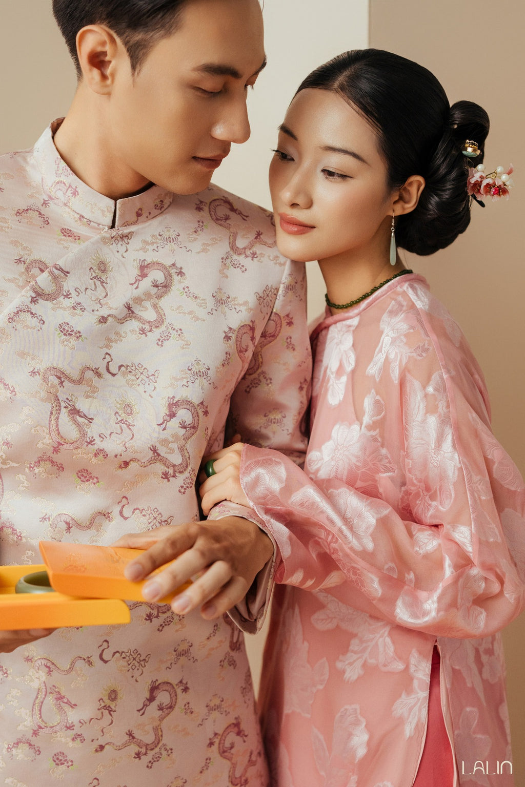 Giao Van Ao Dai for Men - Blush Silk Brocade with Red Dragon Pattern - styled presentation by Lalin