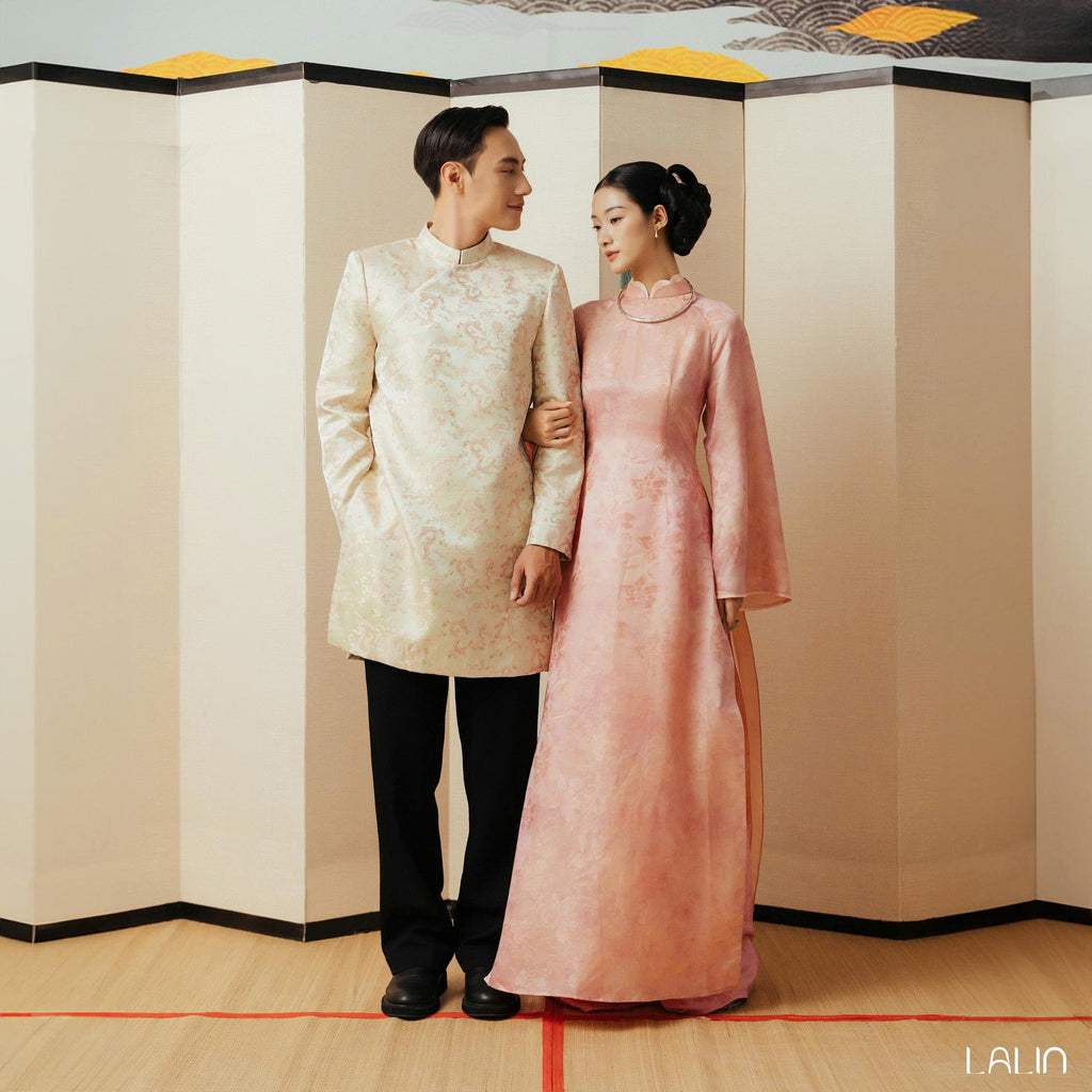 Vietnamese Ao Dai - Giao Vy Ao Dai for Men - Beige Silk Brocade with Dragon Pattern - styled presentation in pink by Lalin