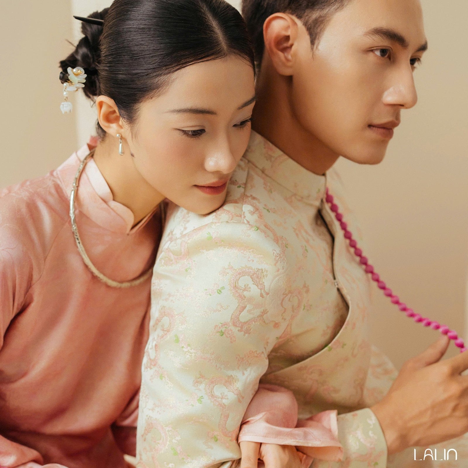 Vietnamese Ao Dai - Giao Vy Ao Dai for Men - Beige Silk Brocade with Dragon Pattern - side profile in pink by Lalin