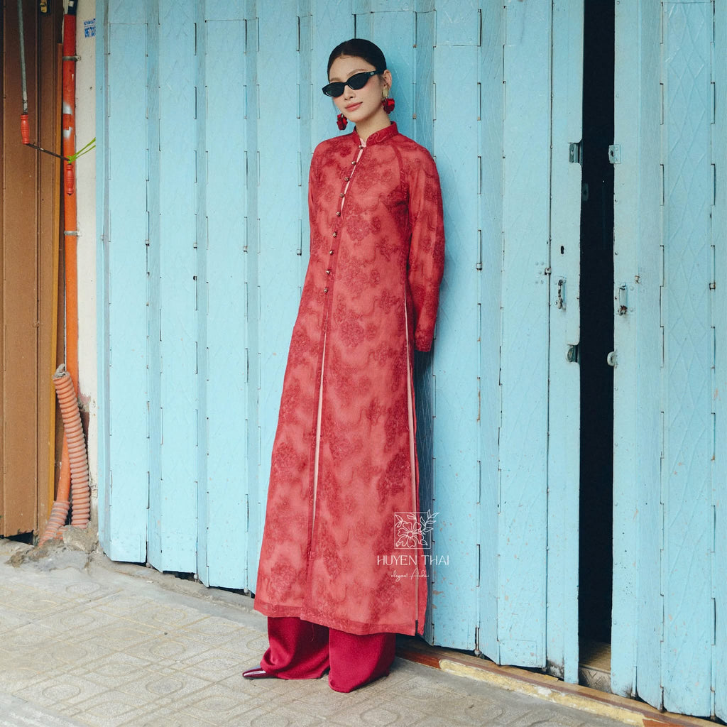 Vietnamese Ao Dai - Giai Ky Cardigan – Embroidered Lace in Light Purple - front view in silk in red by Huyen Thai Collection