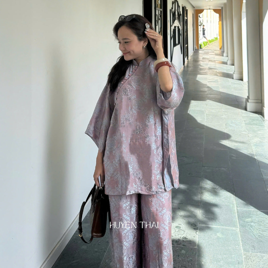 "KY" Ao-Ngan (Shorter version of Ao-dai) with Flare Sleeve - Wormsilk in Mauve Dust