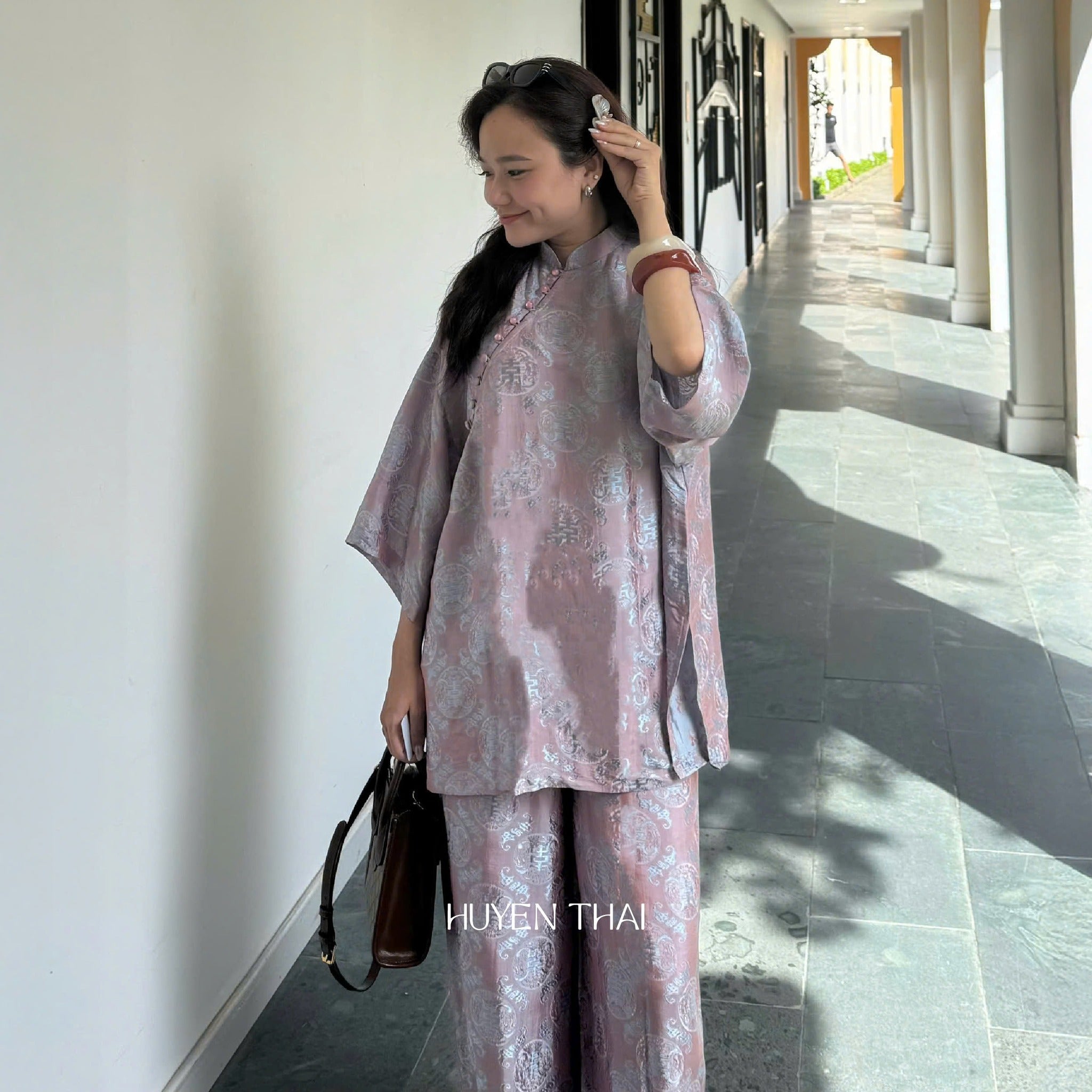 "KY" Ao-Ngan (Shorter version of Ao-dai) with Flare Sleeve - Wormsilk in Mauve Dust - Modern Vietnamese Ao-Ngan by Huyen Thai Collection at L'Orient Haus contemporary boutique