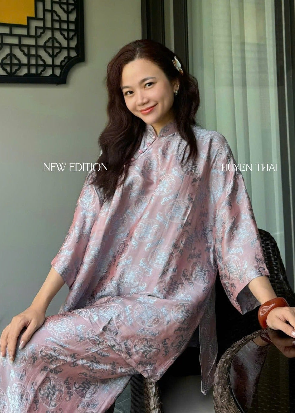 KY Ao-Ngan (Shorter version of Ao-dai) with Flare Sleeve - Wormsilk in Mauve Dust - front view by Huyen Thai Collection