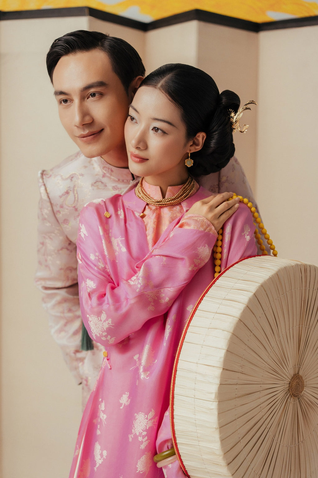 Giao Van Ao Dai for Men - Blush Silk Brocade with Red Dragon Pattern - styled presentation by Lalin