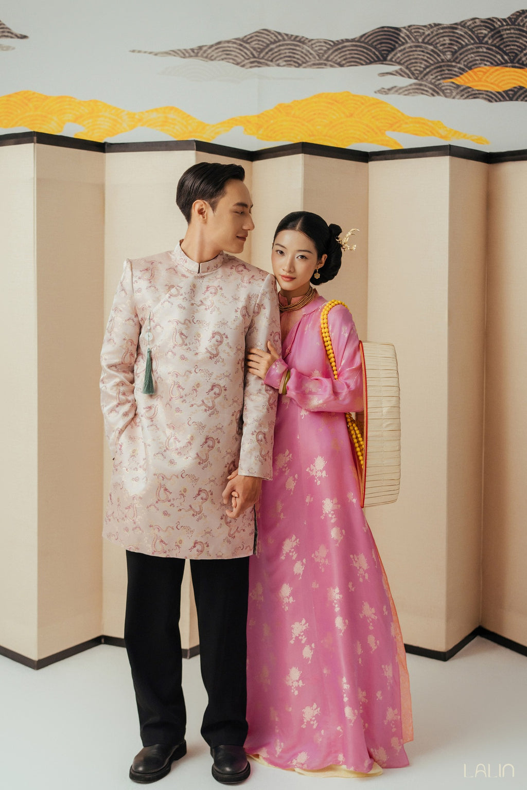 Giao Van Ao Dai for Men - Blush Silk Brocade with Red Dragon Pattern - styled presentation by Lalin