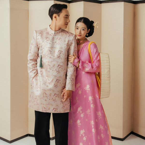 Giao Van Ao Dai for Men - Blush Silk Brocade with Red Dragon Pattern - styled presentation by Lalin