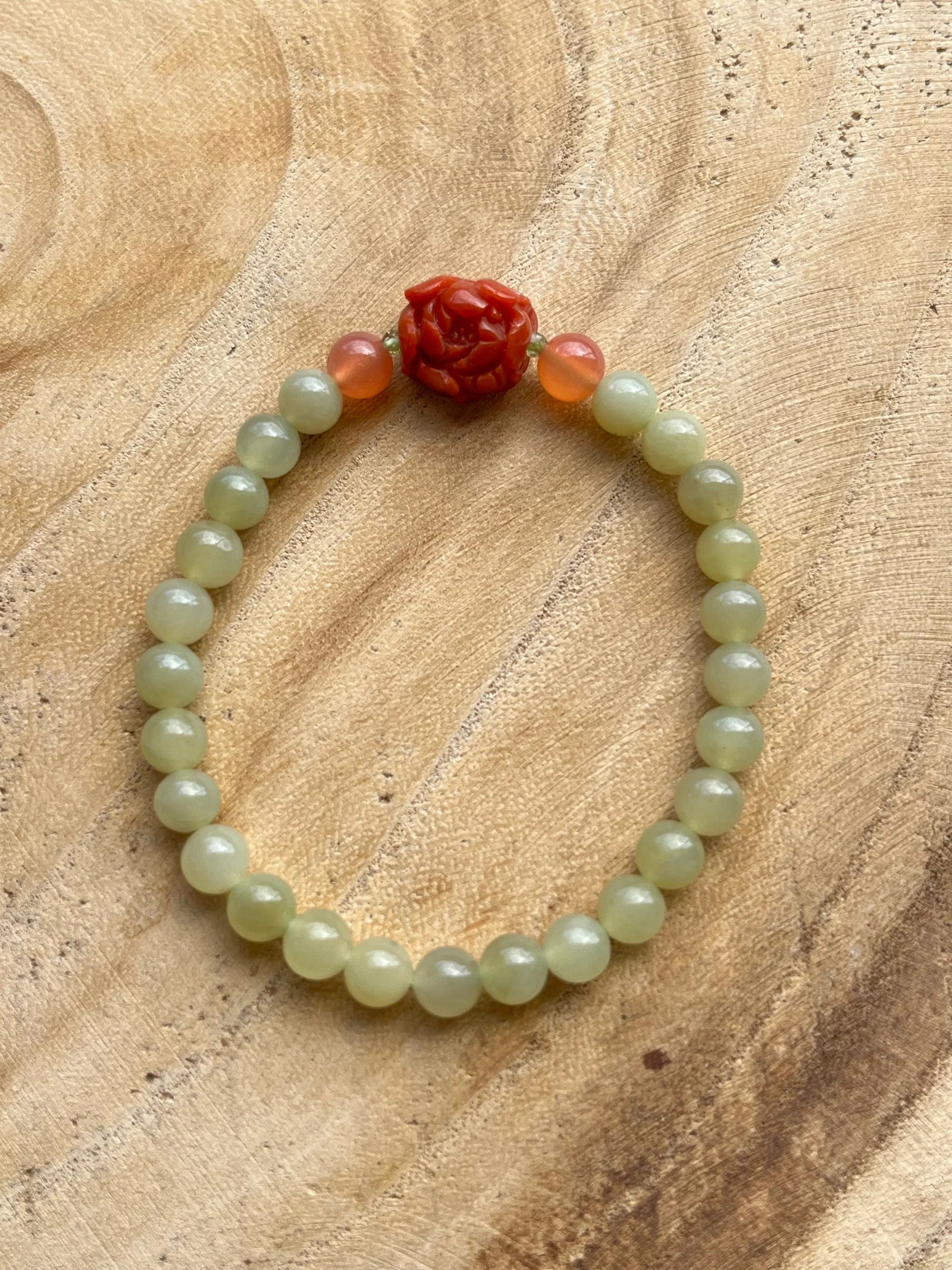 Traditional Motif - “Peony Bloom” – Hetian Jade & Agate Peony Bracelet - flat lay display in green by L'Orient Haus