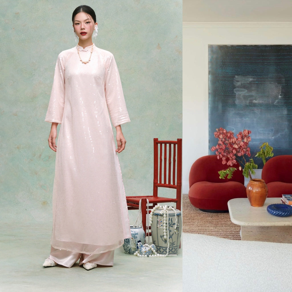 Vietnamese Ao Dai - Nhien Minh Áo Dài Set - Sequin Ao dai in Pastel Pink - front view in silk in pink by HOIVU
