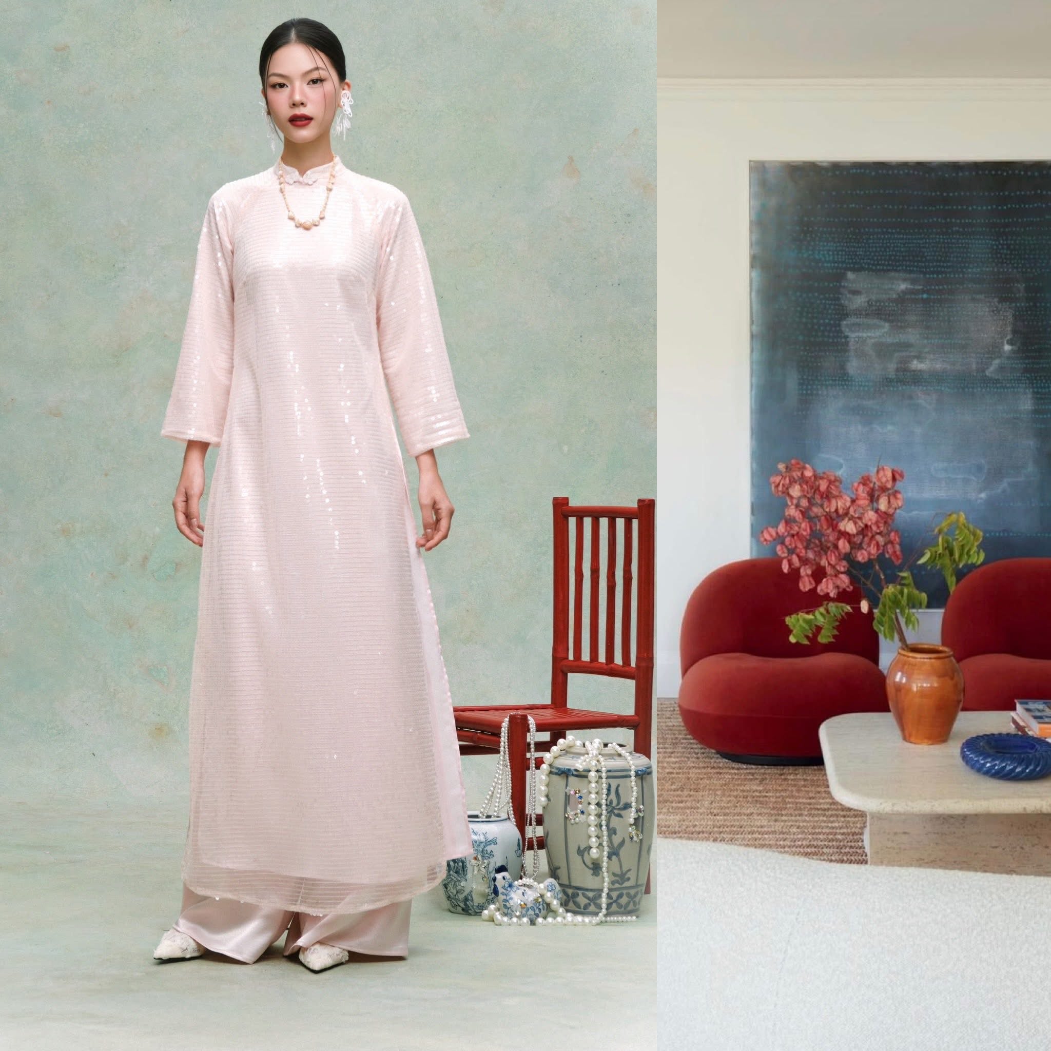 "Nhien Minh" Áo Dài Set - Sequin Ao dai in Pastel Pink