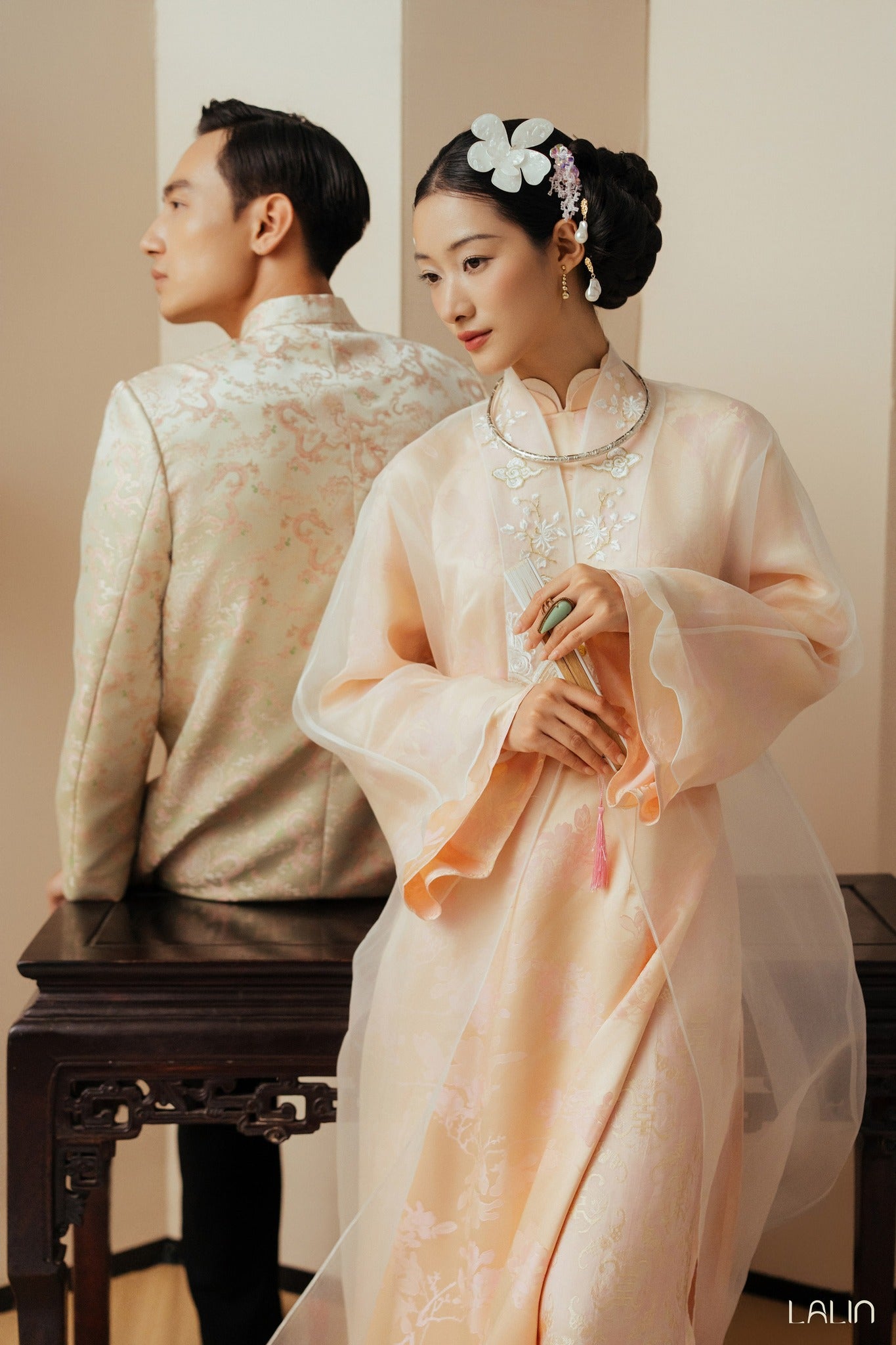 Vietnamese Ao Dai - Giao Vy Ao Dai for Men - Beige Silk Brocade with Dragon Pattern - side profile in pink by Lalin