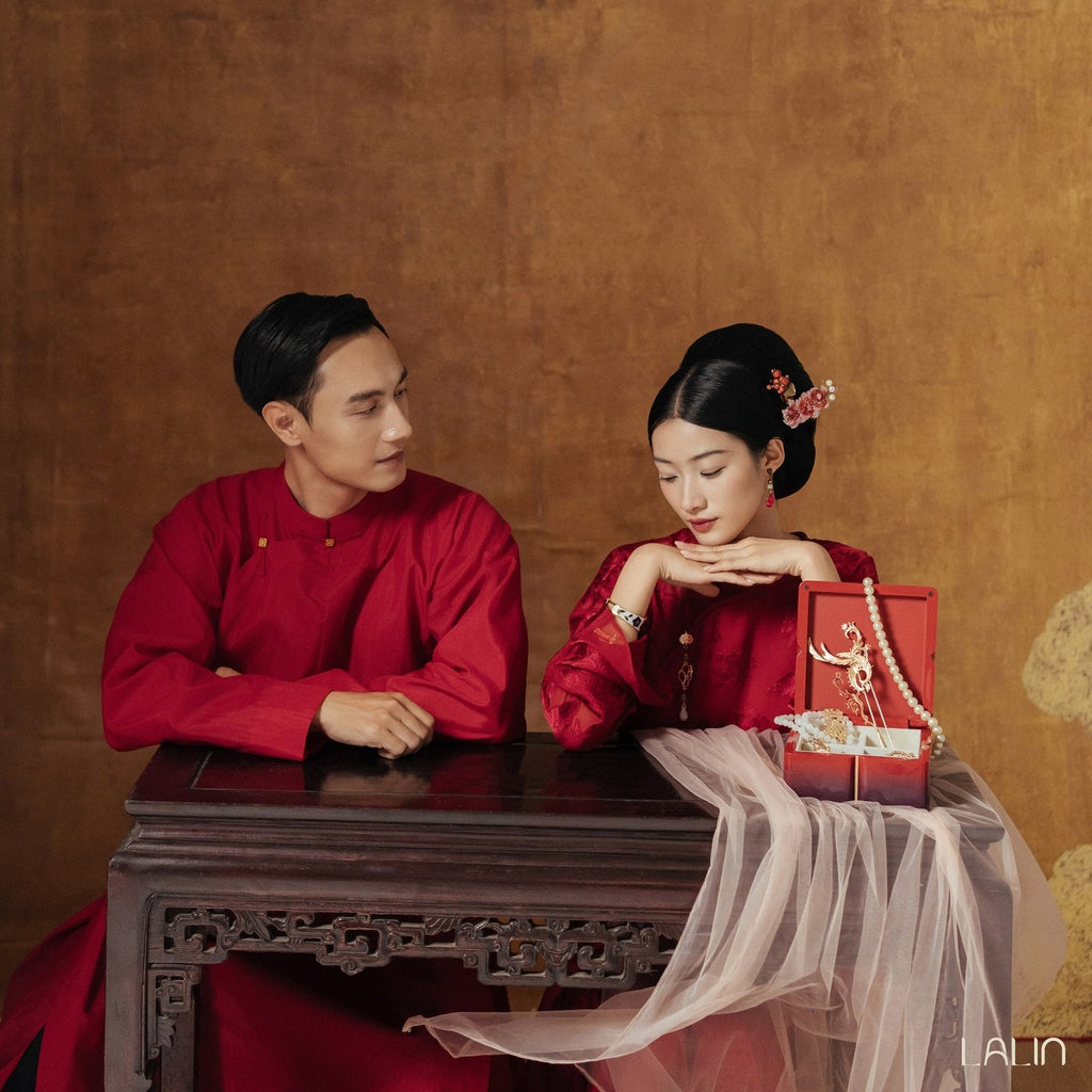 Vietnamese Ao Dai - Giao Phong Men’s Áo Dài - Premium Silk in Crimson - styled presentation in red by Lalin