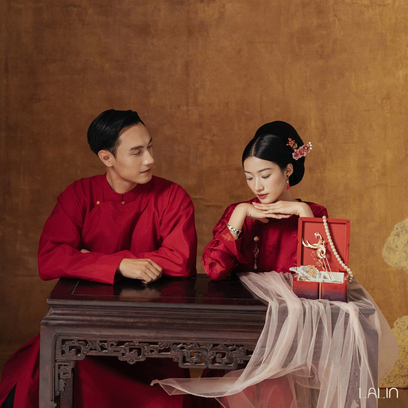 Vietnamese Ao Dai - Giao Phong Men’s Áo Dài - Premium Silk in Crimson - styled presentation in red by Lalin