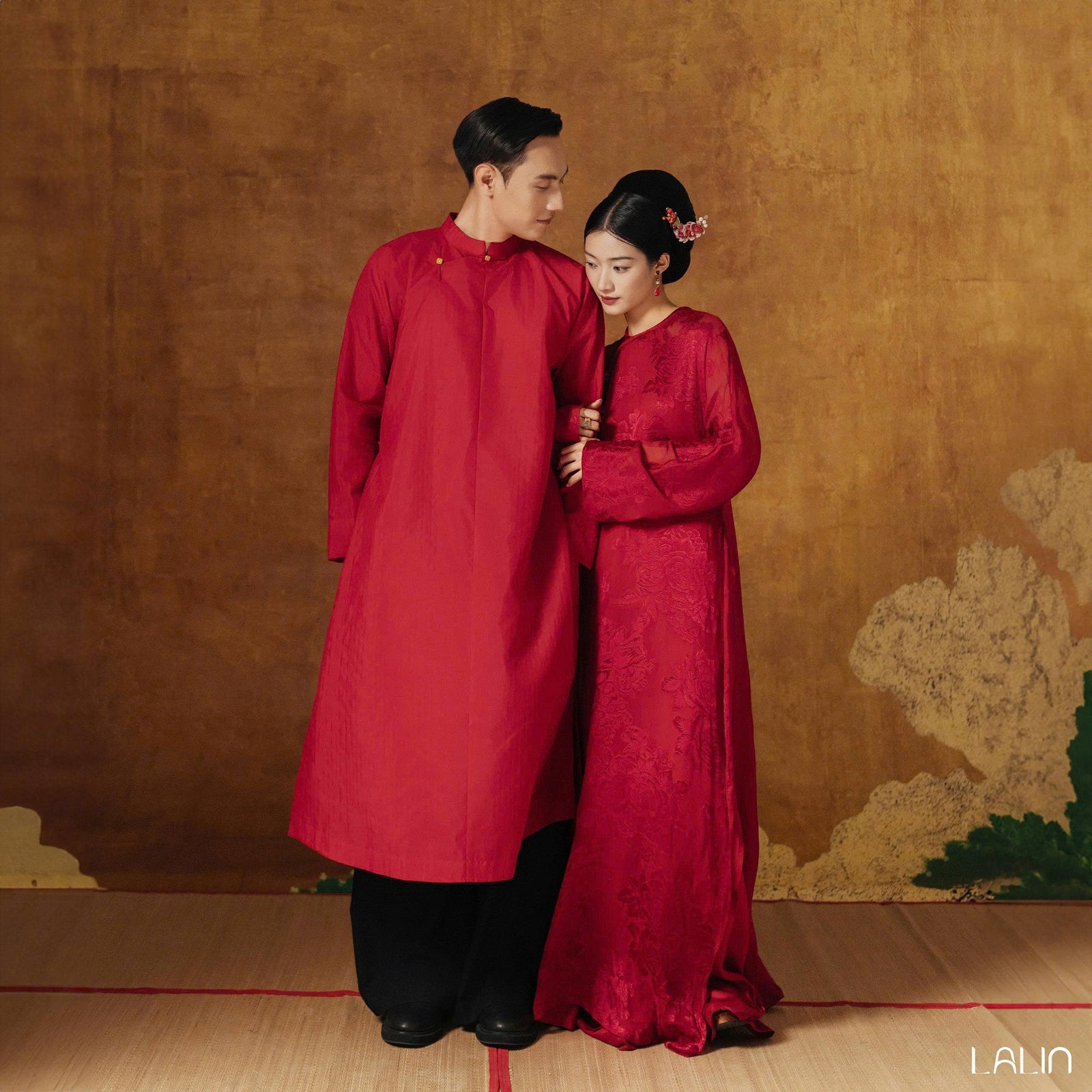Vietnamese Ao Dai - Giao Phong Men’s Áo Dài - Premium Silk in Crimson - styled presentation in red by Lalin
