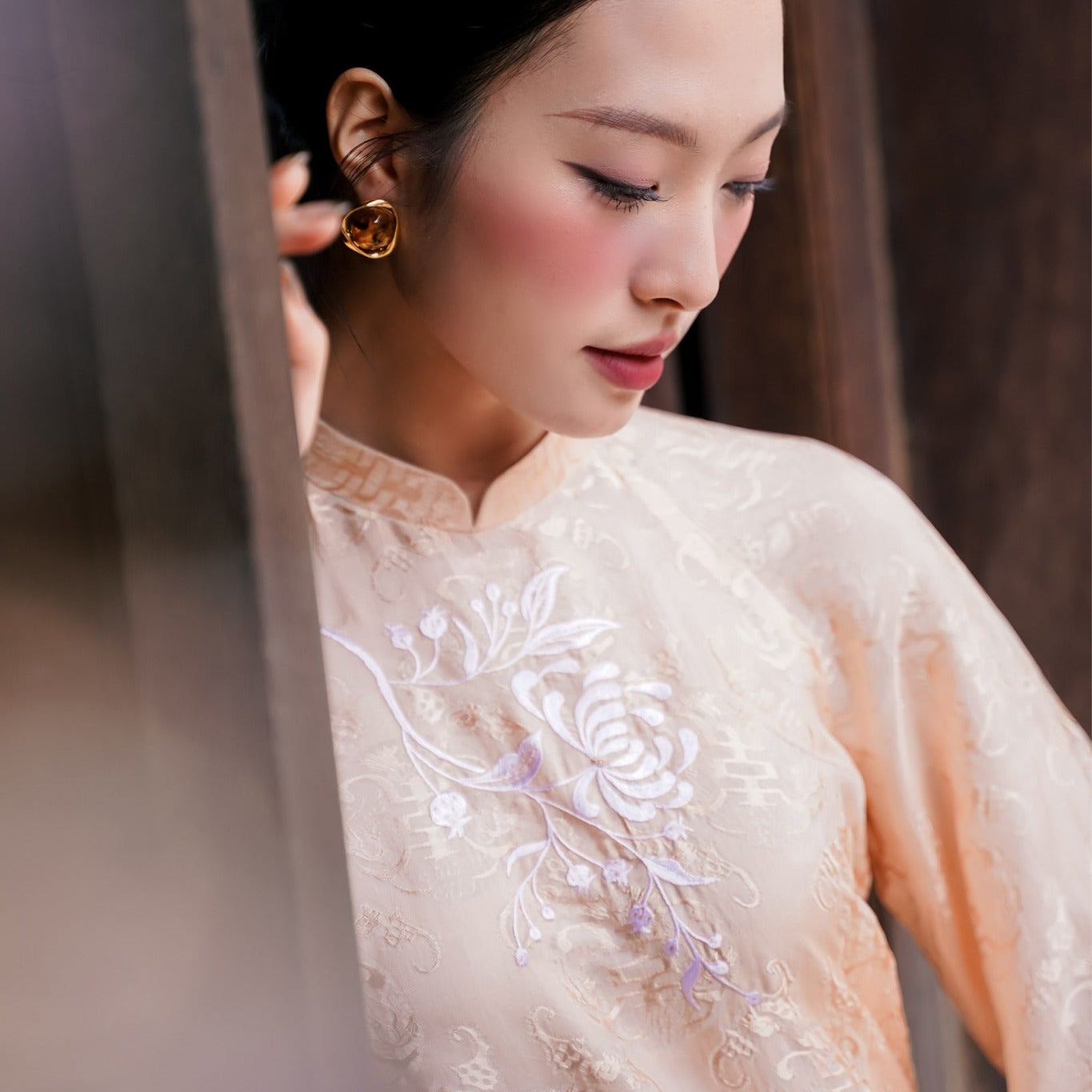 Vietnamese Ao Dai - Khanh Chi Ao Dai Set - Embroidery on wormsilk in Peach Sand - side profile in peach by Tam