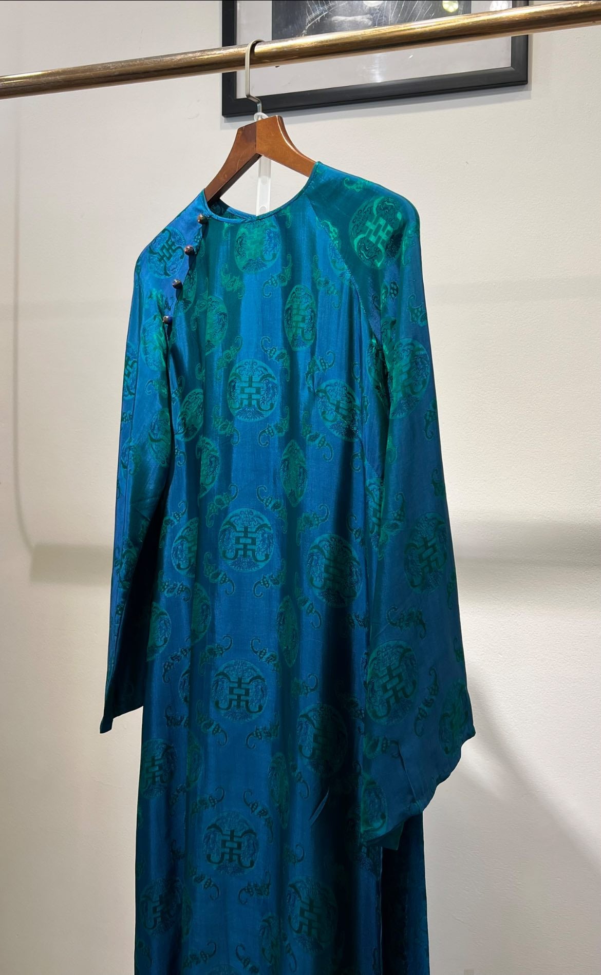 
Detail view of Celestial Indigo wormsilk fabric with woven Lộc Thọ symbols and premium texture - Vietnamese artisan craftsmanship