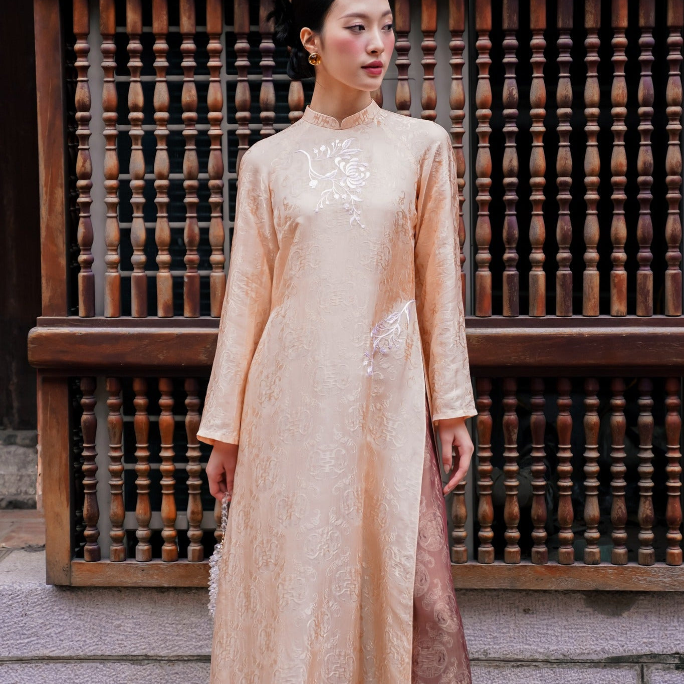 Vietnamese Ao Dai - Khanh Chi Ao Dai Set - Embroidery on wormsilk in Peach Sand - front view in peach by Tam