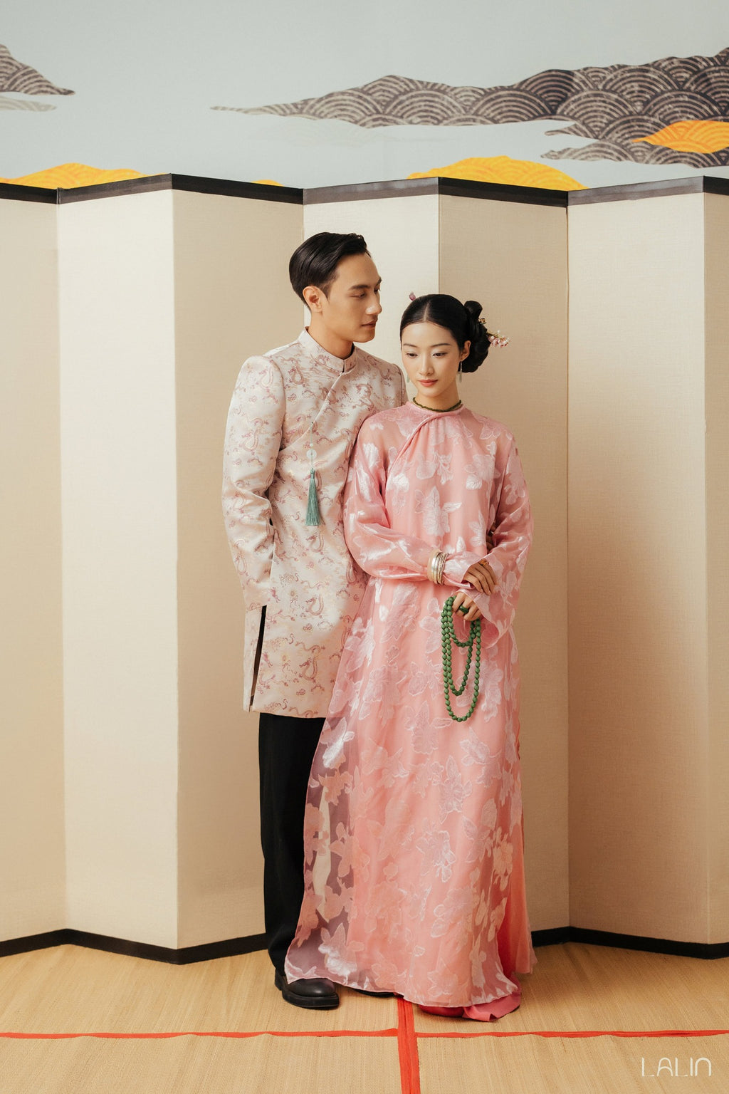 Giao Van Ao Dai for Men - Blush Silk Brocade with Red Dragon Pattern - styled presentation by Lalin