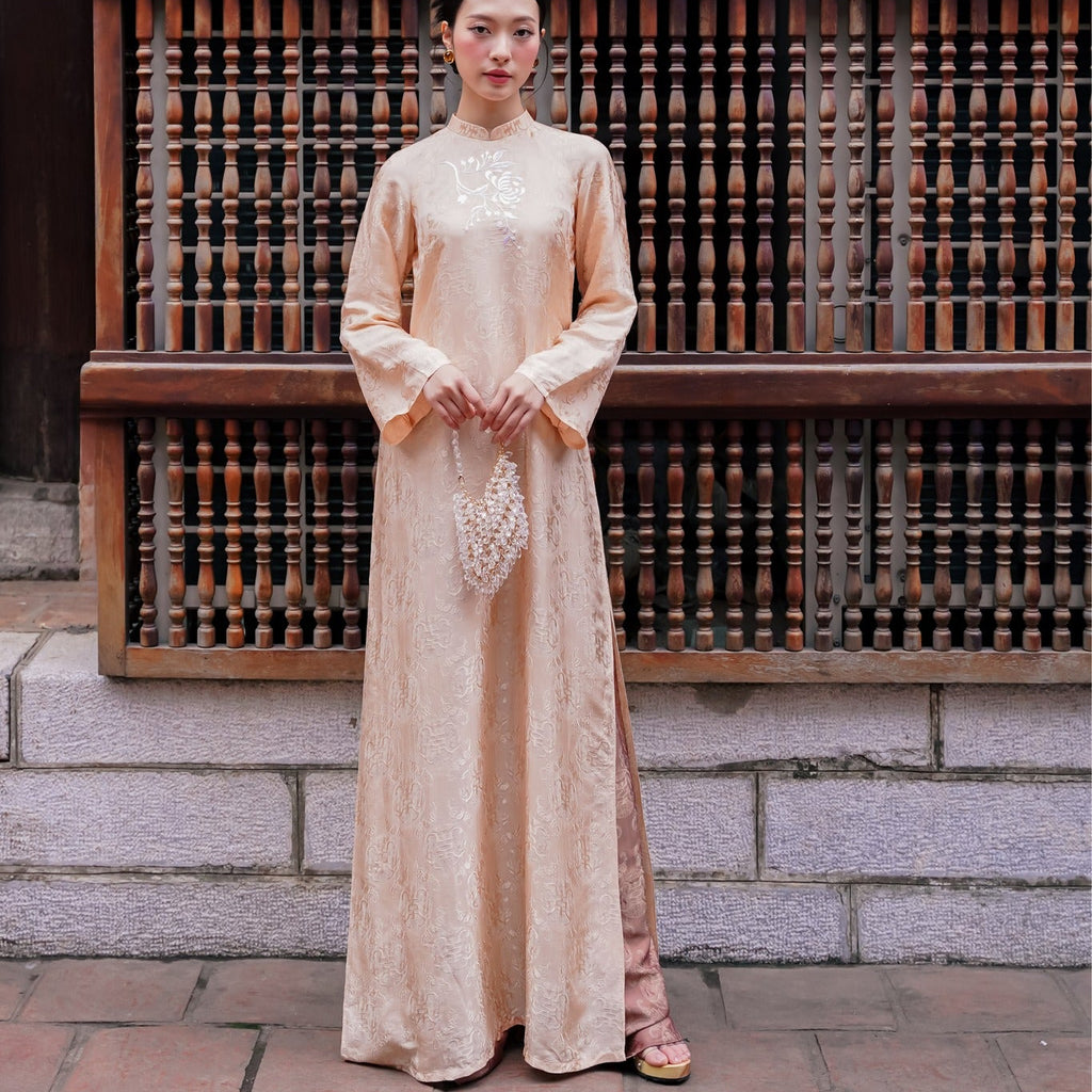 "Khanh Chi" Ao Dai Set - Embroidery on wormsilk in Peach Sand