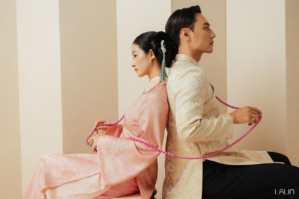 Vietnamese Ao Dai - Giao Vy Ao Dai for Men - Beige Silk Brocade with Dragon Pattern - side profile in pink by Lalin