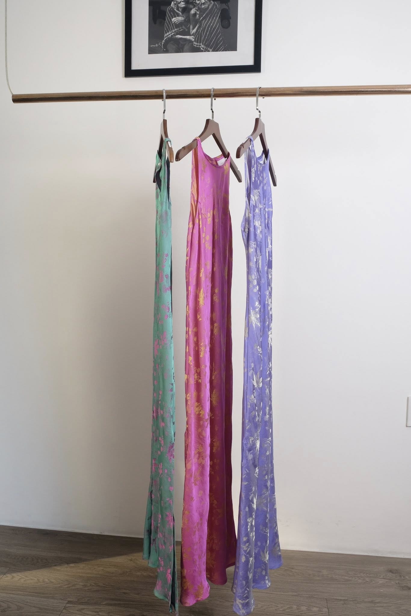 Vietnamese Ao Dai - Radiance in Silk Slip Dress – Fuchsia Gold - side profile in green by Lo Boutique