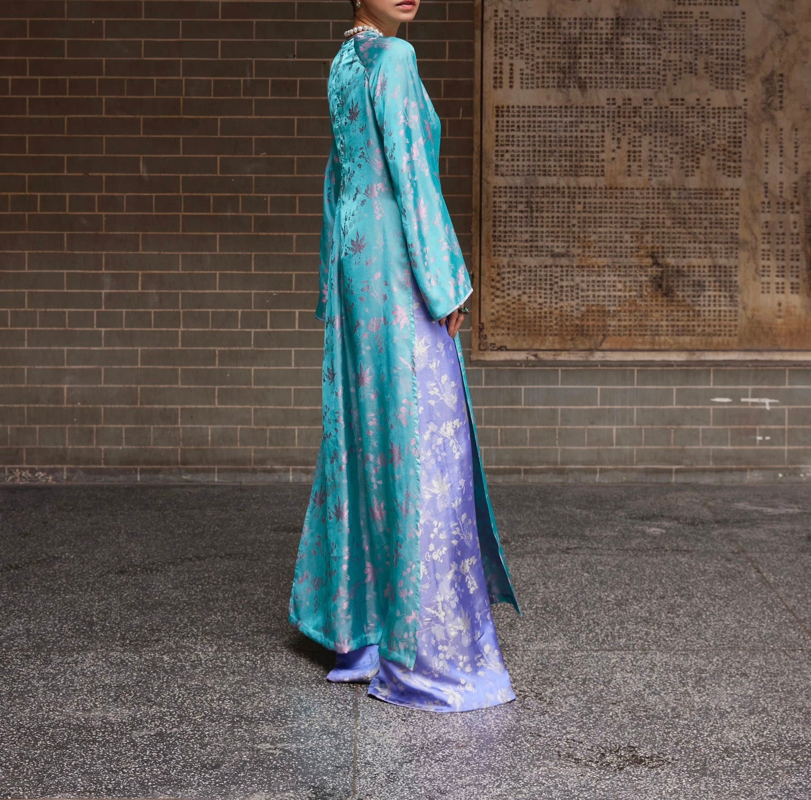 Vietnamese Ao Dai - “Jade Bloom” - Silk Ao Dai Set - side profile in blue by Lo Boutique