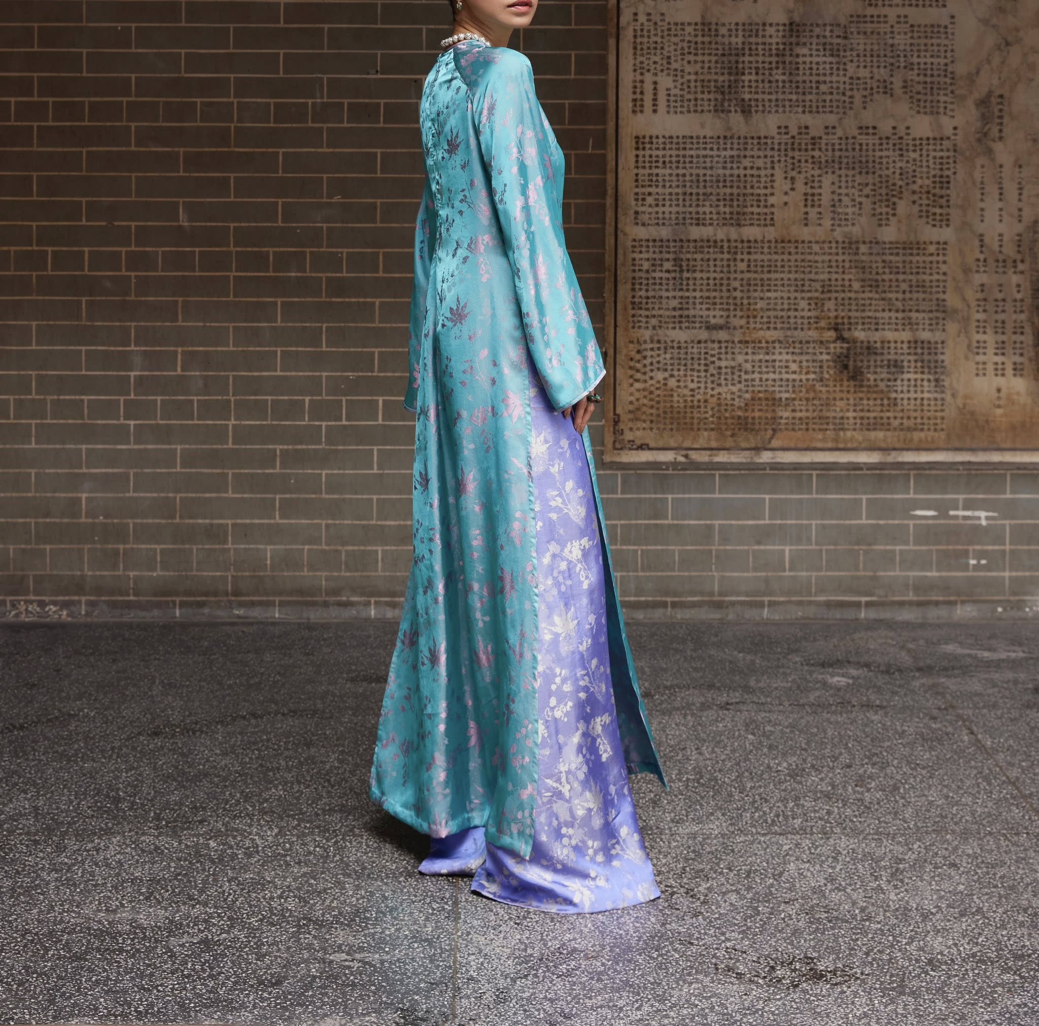 “Jade Bloom” - Silk Ao Dai Set in 2-sided Brocade - side angle showing silhouette and fit by Lo Boutique at L'Orient Haus