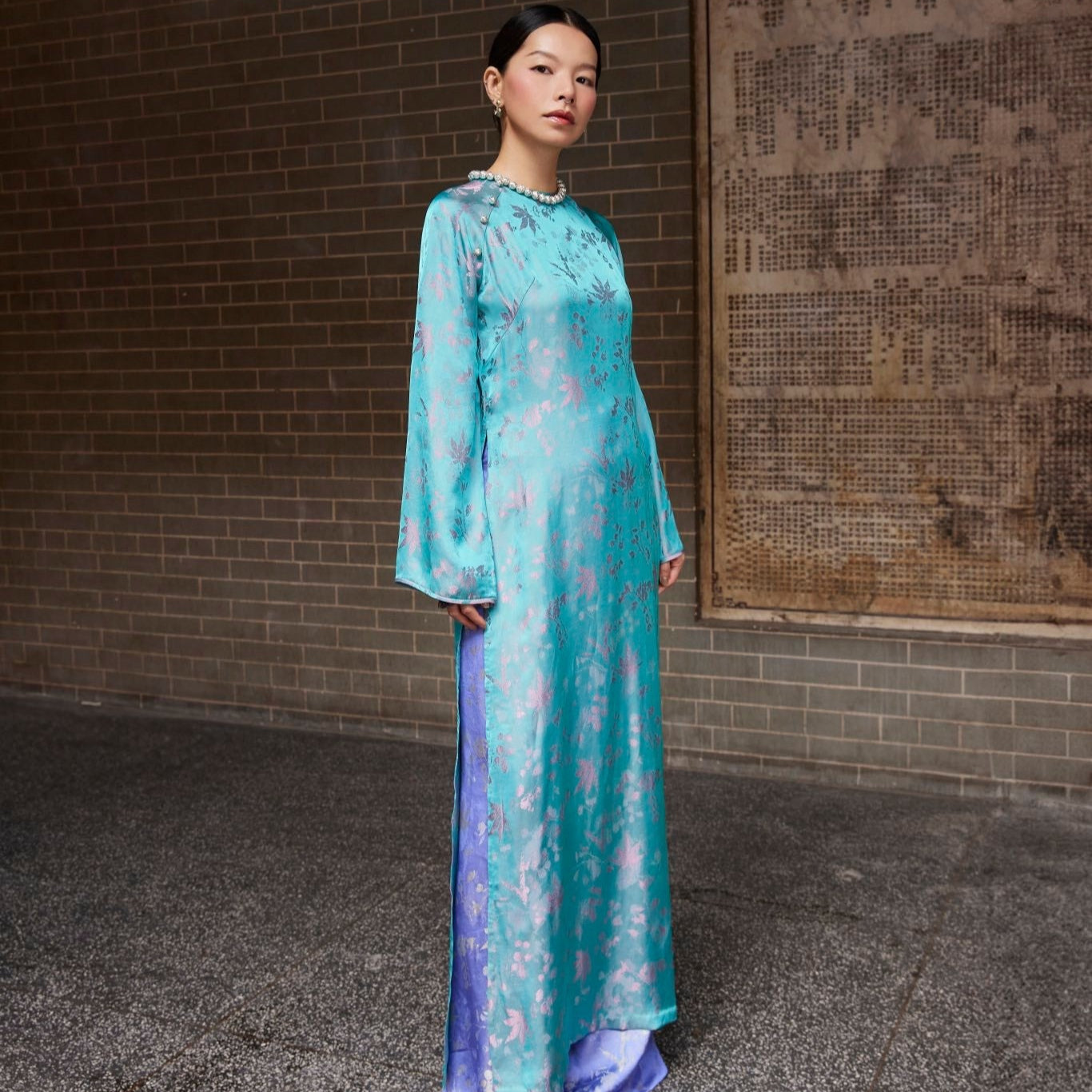 Vietnamese Ao Dai - “Jade Bloom” - Silk Ao Dai Set - front view in teal by Lo Boutique
