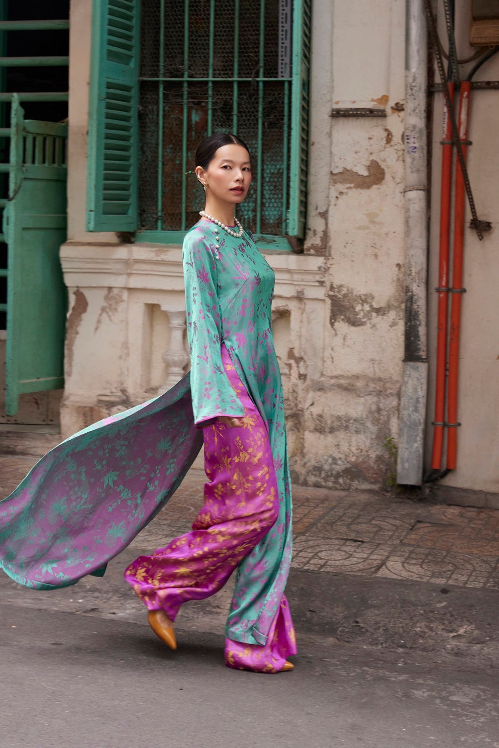 “Sông Sắc” – Premium Brocade Silk Áo Dài Set - front view showcasing the design and craftsmanship by Lo Boutique at L'Orient Haus