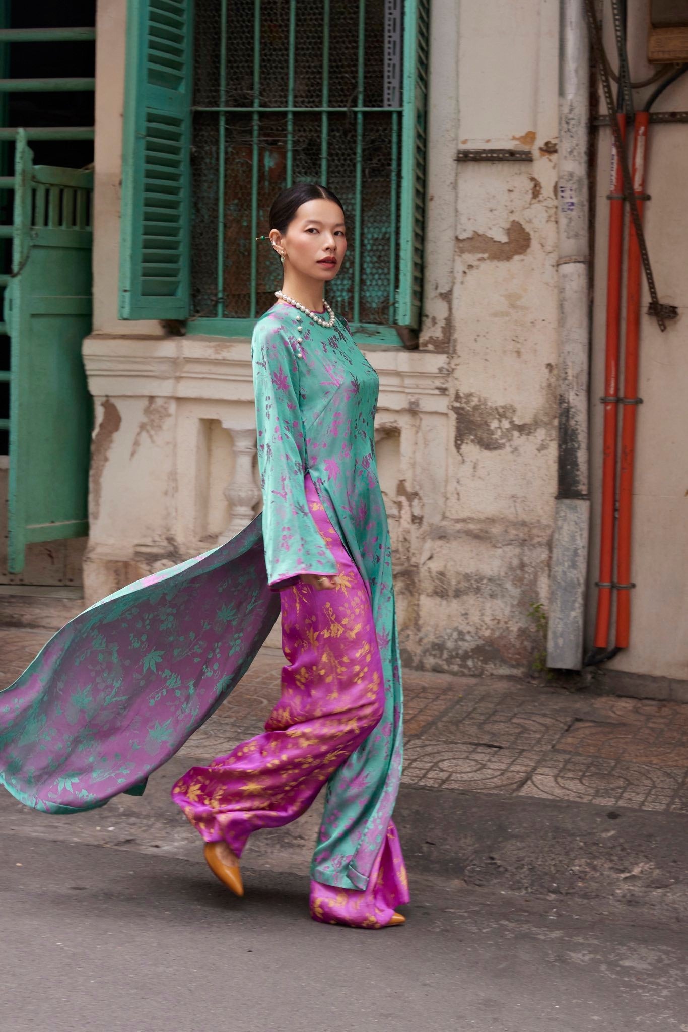 Vietnamese Ao Dai - “Jade Bloom” – Premium Brocade Silk Áo Dài Set - side profile in teal by Lo Boutique