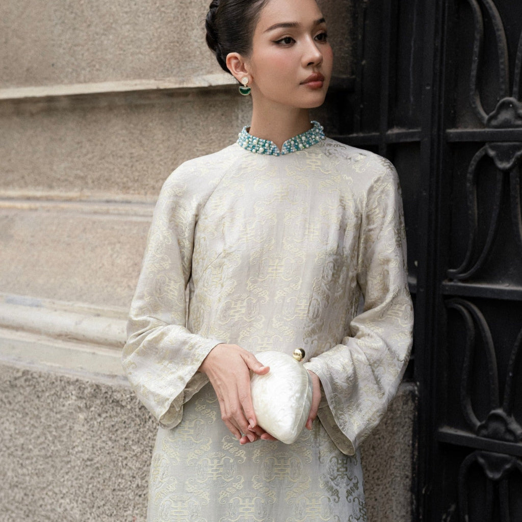 Vietnamese Silver - Dao Đài - Wormsilk Modern Ao Dai Set with beaded Collar - styled presentation in blue by Tam