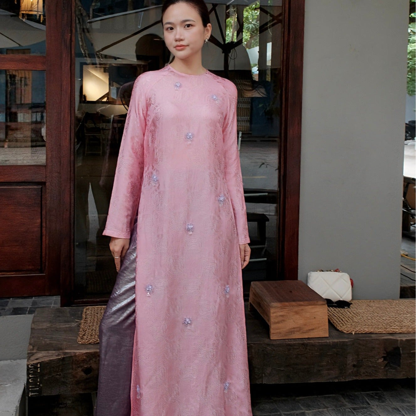 Khanh Hoa - Wormsilk Ao Dai Set with Hand-applied Sequined Florals - front view by Huyen Thai Collection