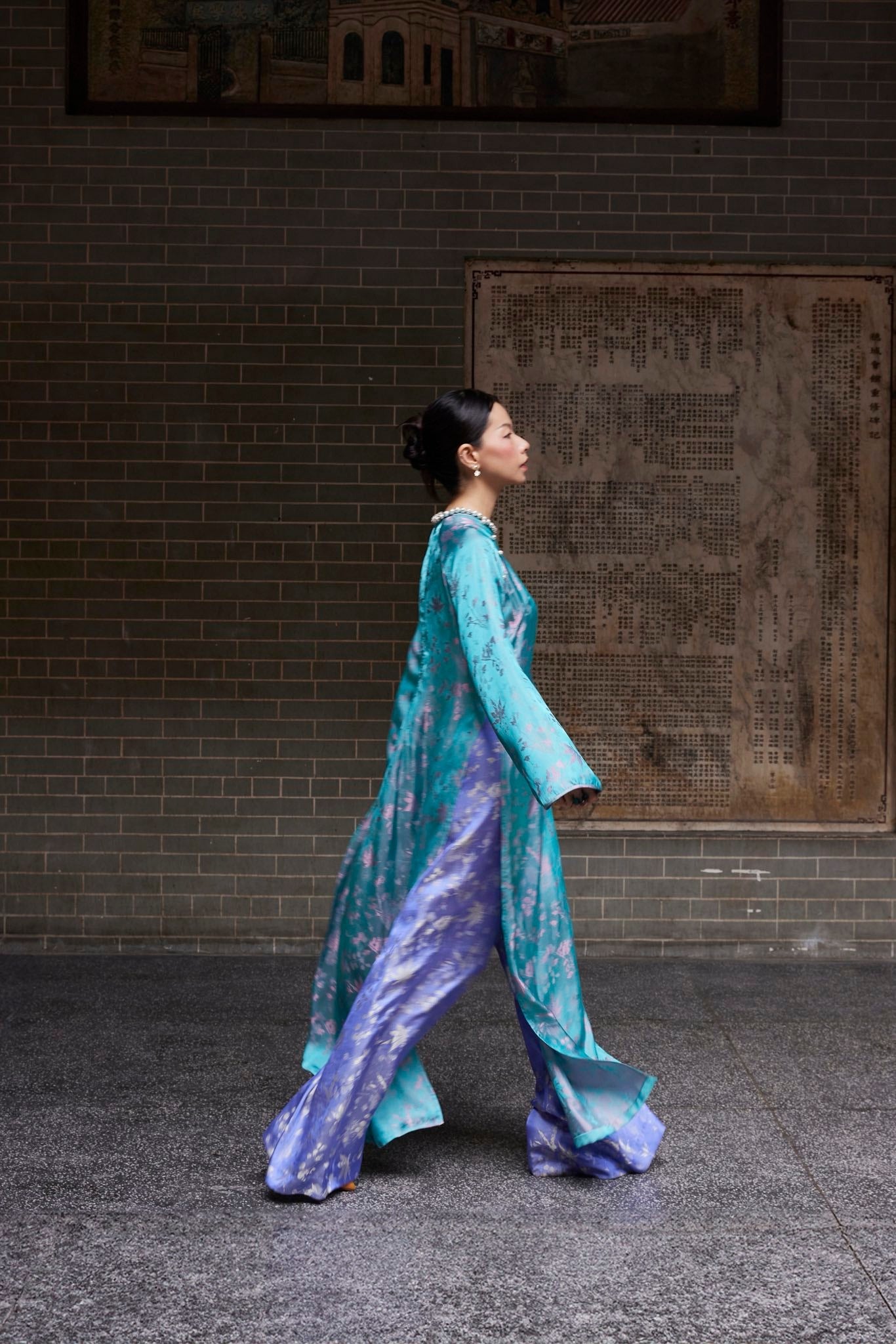 Vietnamese Ao Dai - “Jade Bloom” - Silk Ao Dai Set - side profile in blue by Lo Boutique
