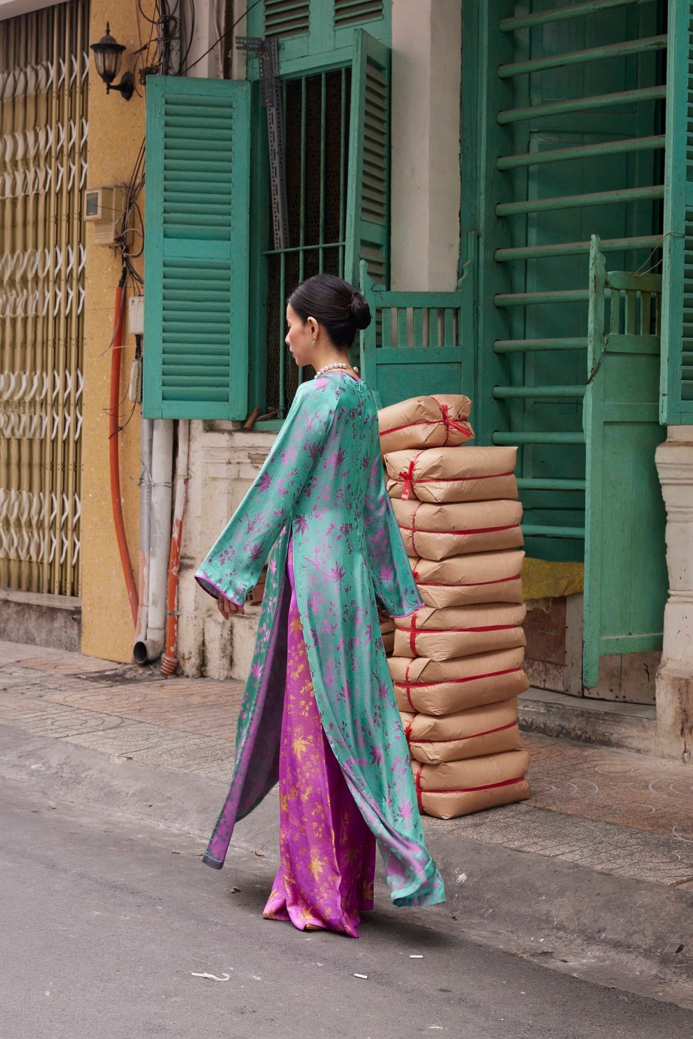 Vietnamese Ao Dai - “Jade Bloom” – Premium Brocade Silk Áo Dài Set - side profile in green by Lo Boutique