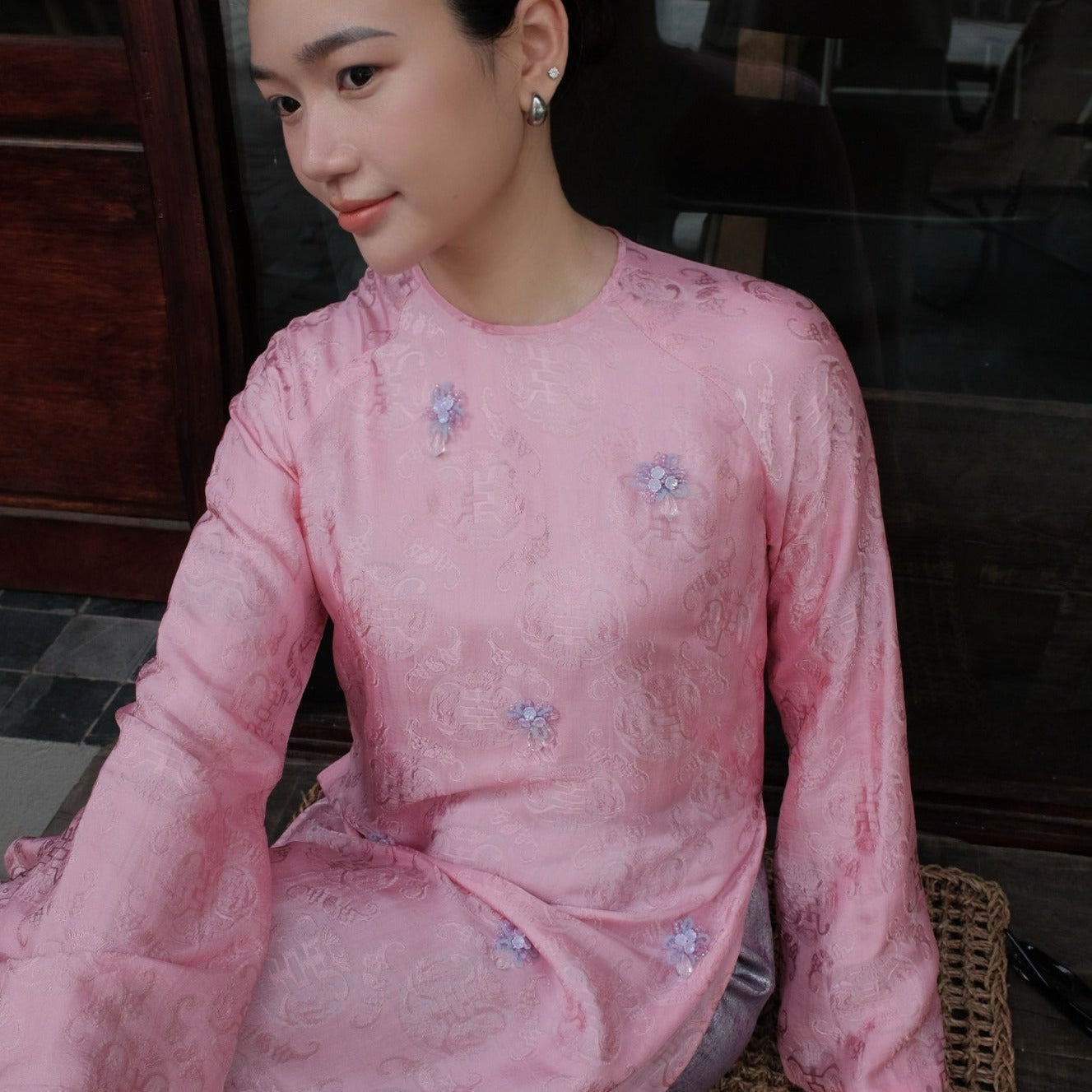 Khanh Hoa - Wormsilk Ao Dai Set with Hand-applied Sequined Florals - front view by Huyen Thai Collection