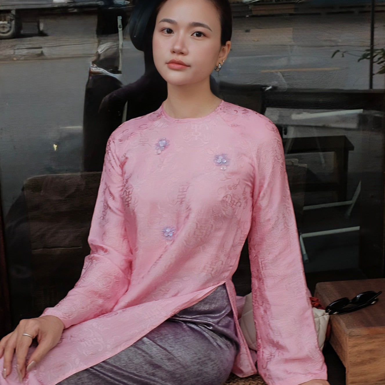 Khanh Hoa - Wormsilk Ao Dai Set with Hand-applied Sequined Florals - front view by Huyen Thai Collection