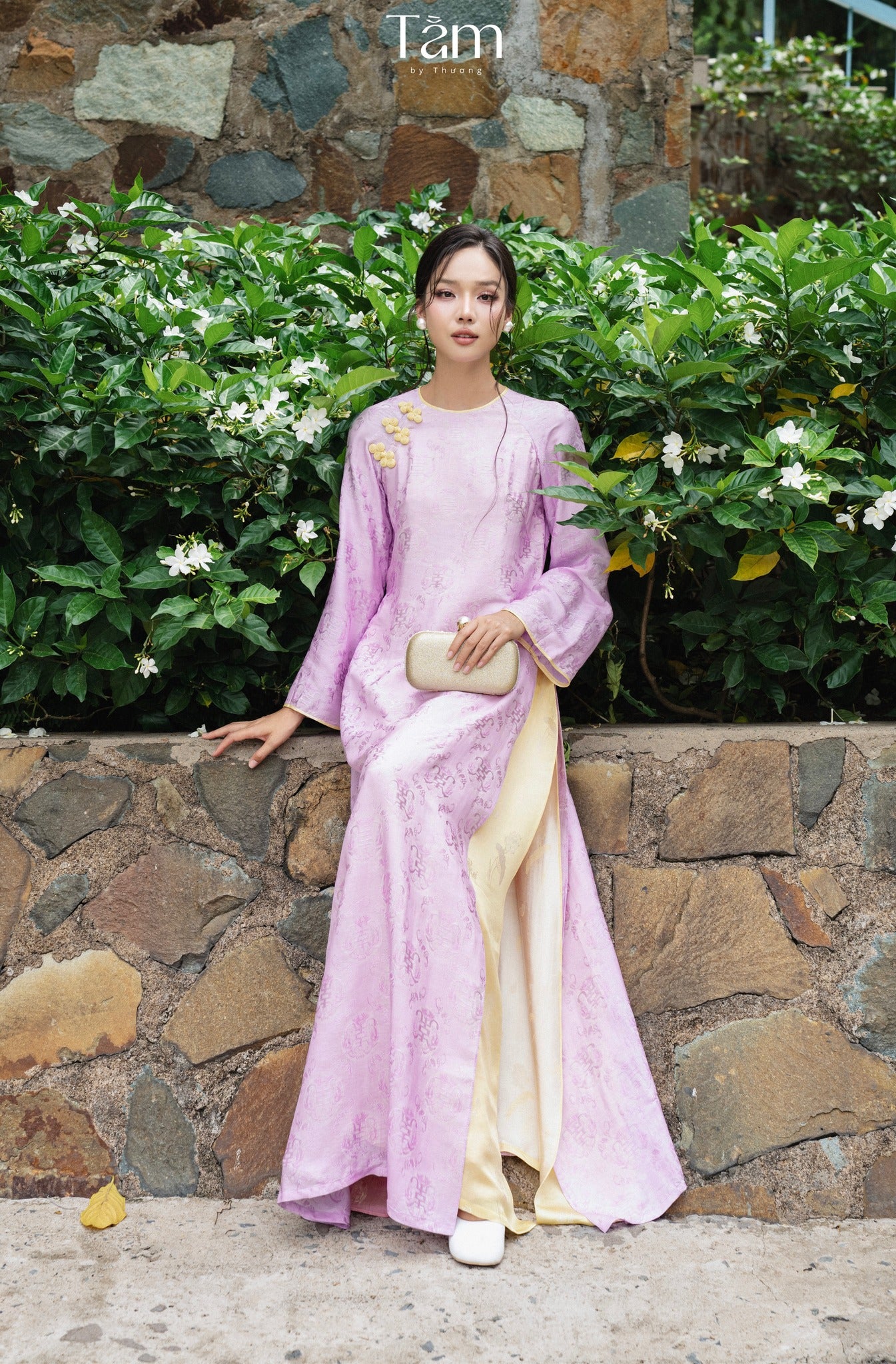 Cam Tu Ao-dai Set- Embellished Double-layered Ao Dai Set in Lilac Wormsilk - front view by Tam