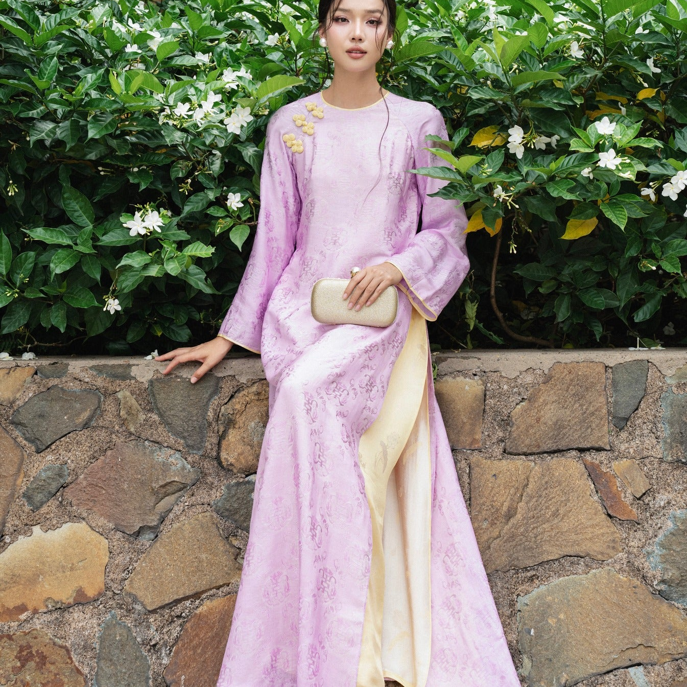 Cam Tu Ao-dai Set- Embellished Double-layered Ao Dai Set in Lilac Wormsilk - front view by Tam