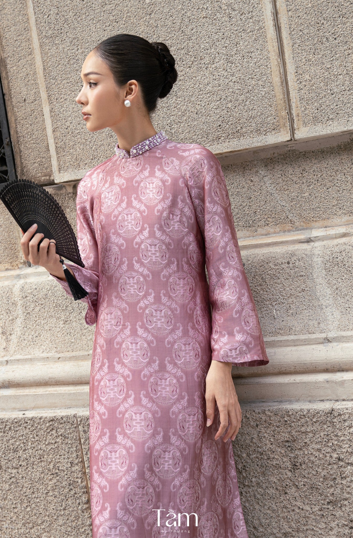 "Dao Đài " - Wormsilk Modern Ao Dai Set with beaded Collar in Mauve pink
