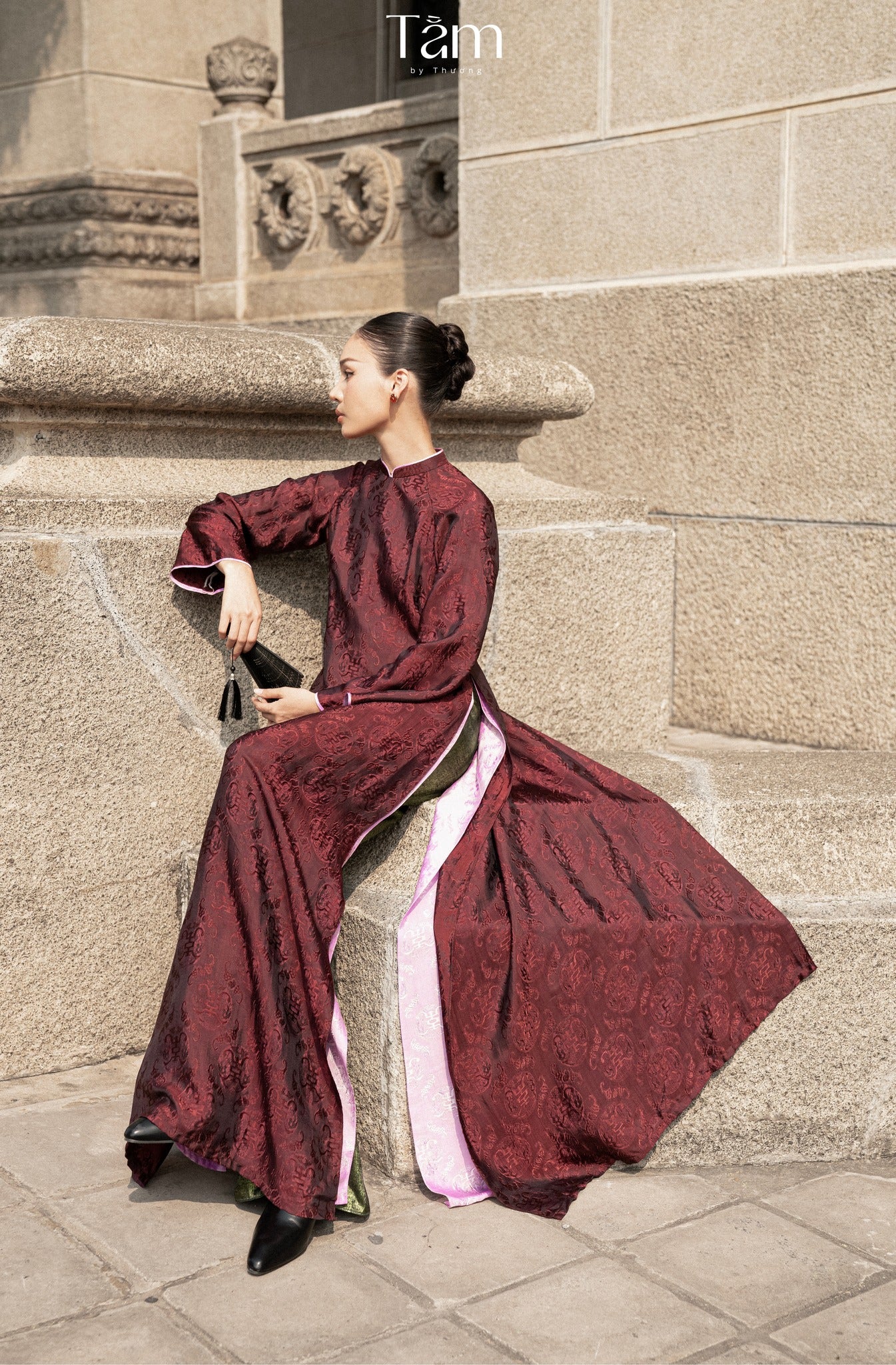 "Dang Van" - Double-layer Wormsilk Modern Ao Dai Set in Mahogany