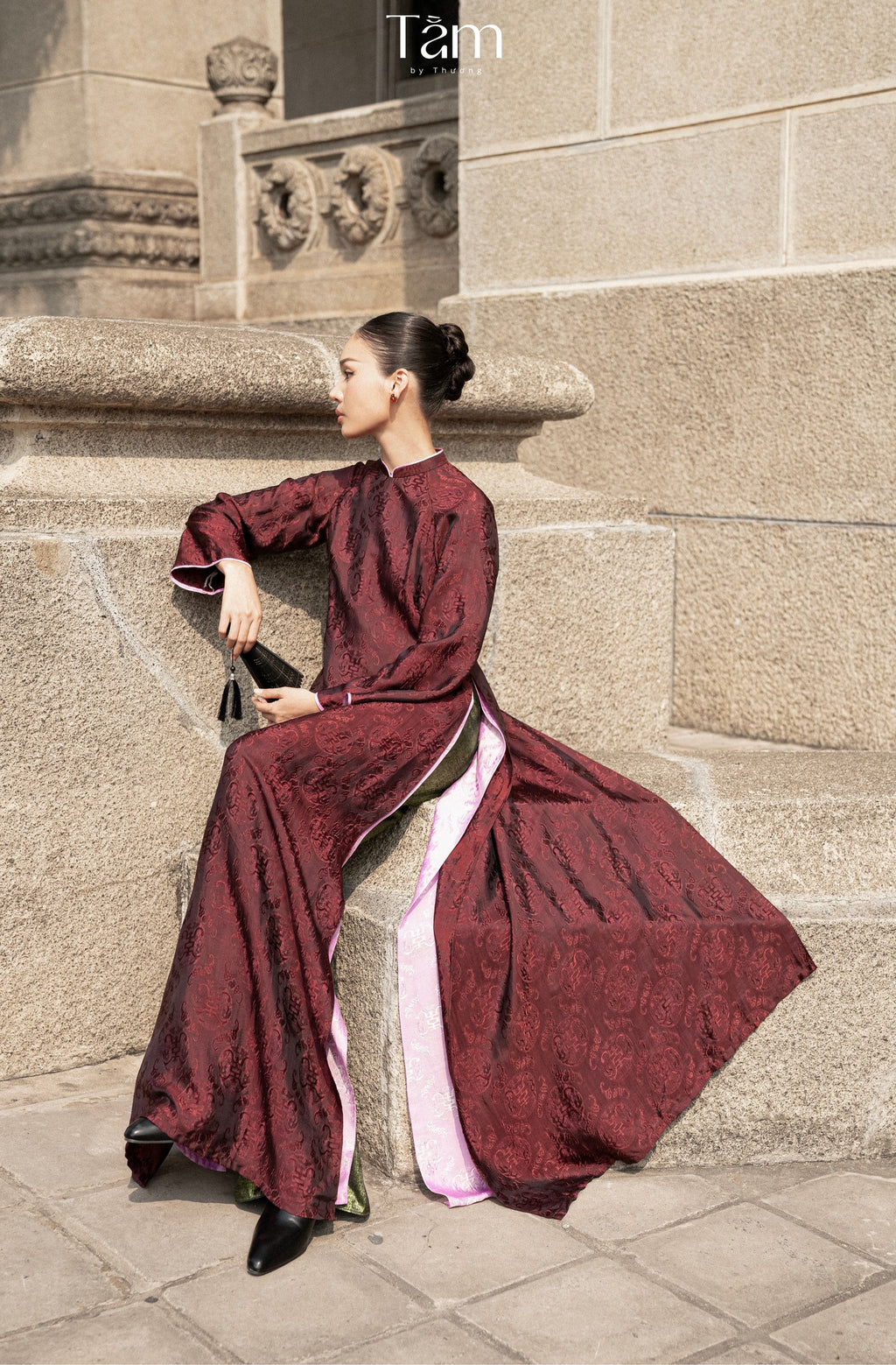 "Dang Van" - Double-layer Wormsilk Modern Ao Dai Set in Mahogany