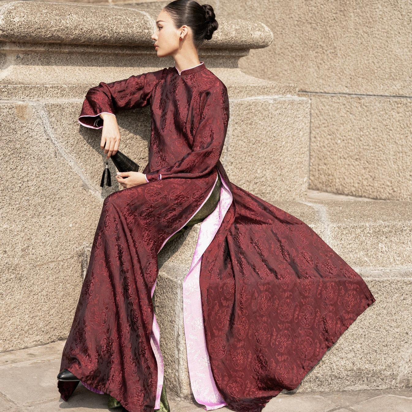 "Dang Van" mahogany wormsilk Ao Dai with Loc Tho prosperity motifs by Tam, regal front view