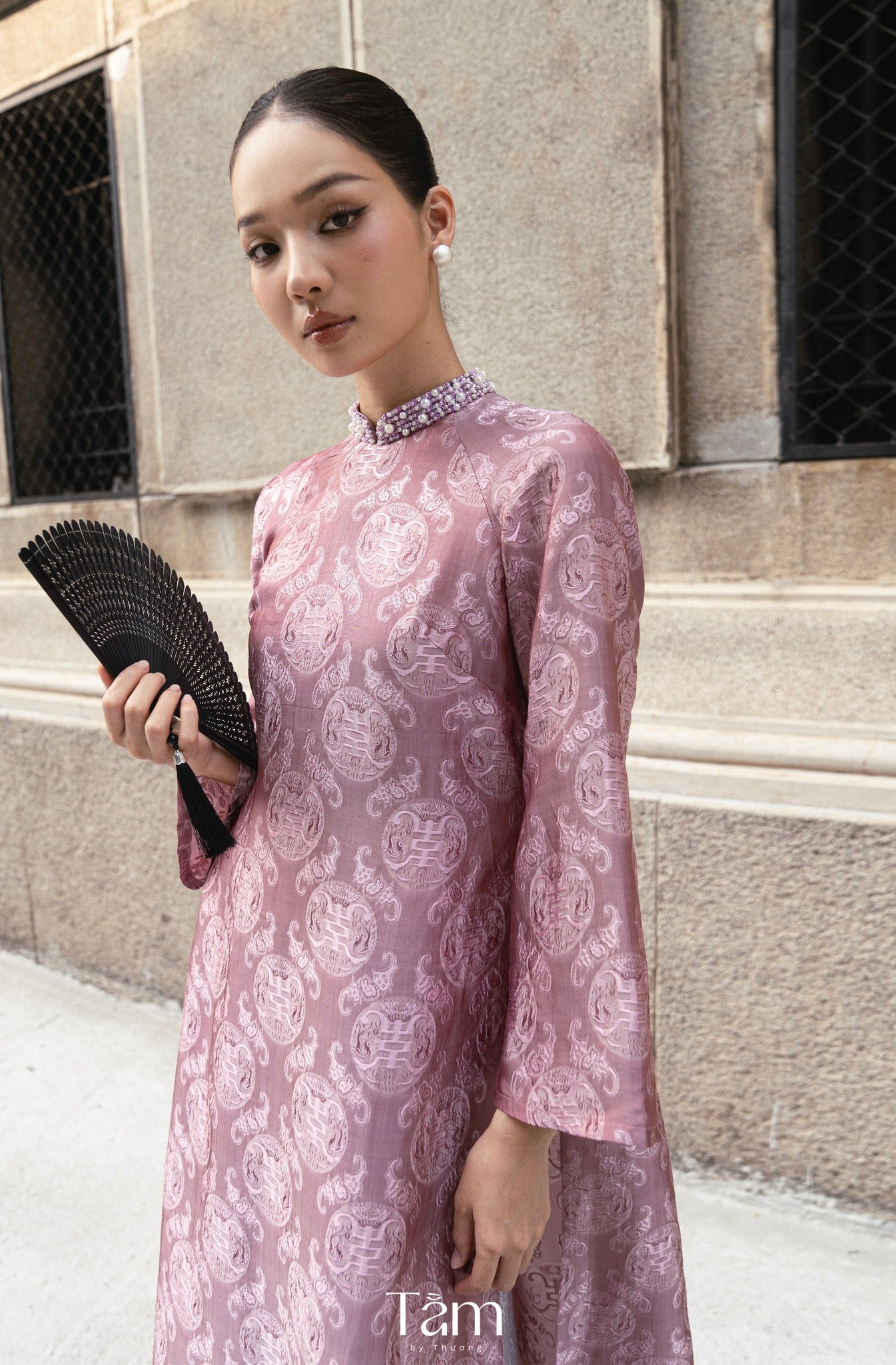 Vietnamese Ao Dai - Dao Đài - Wormsilk Modern Ao Dai Set with beaded Collar in Mauve pink - front view in pink by Tam