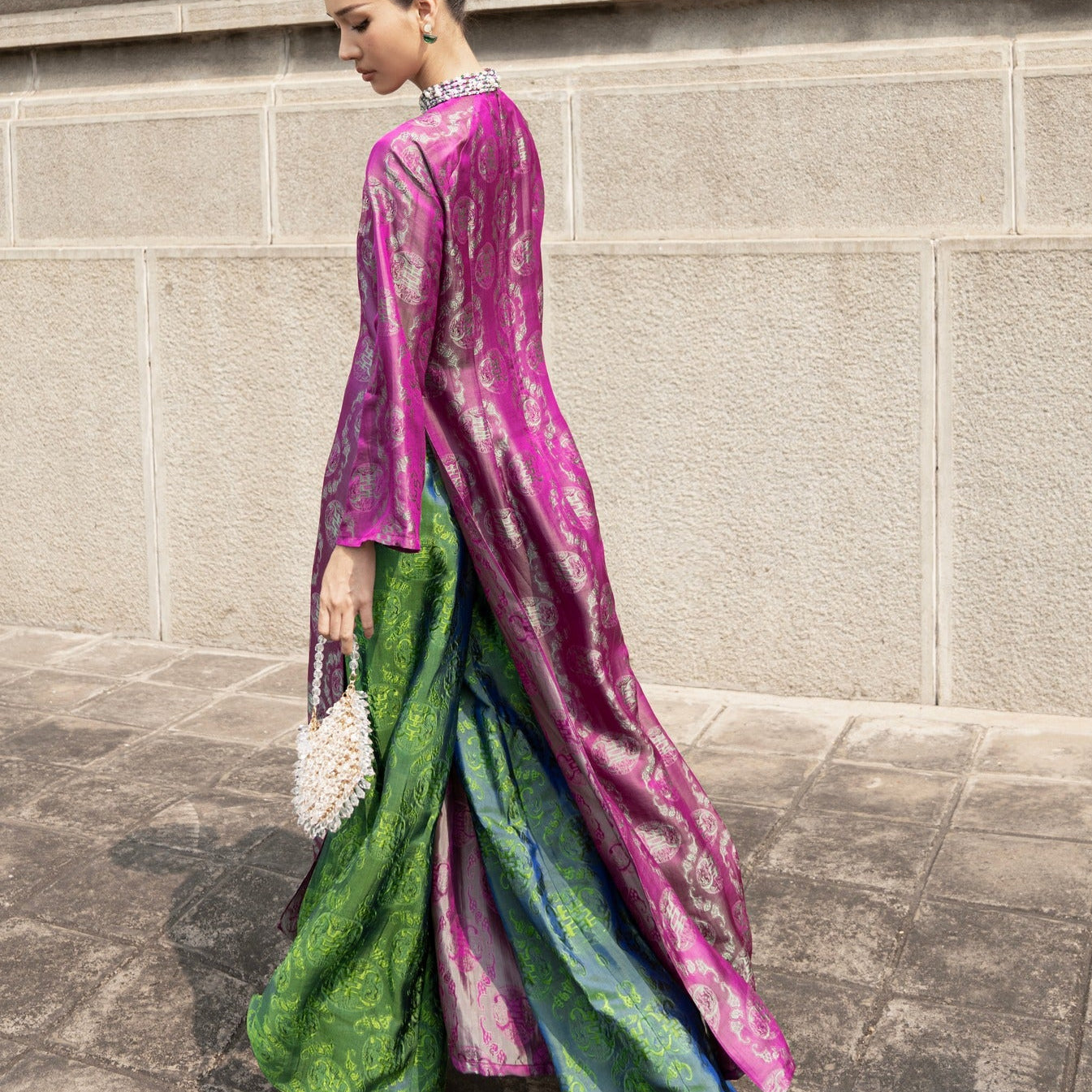 Vietnamese Ao Dai - Dao Dai - Wormsilk Modern Ao Dai Set with beaded Collar in Wine pink - side profile in fuchsia by Tam