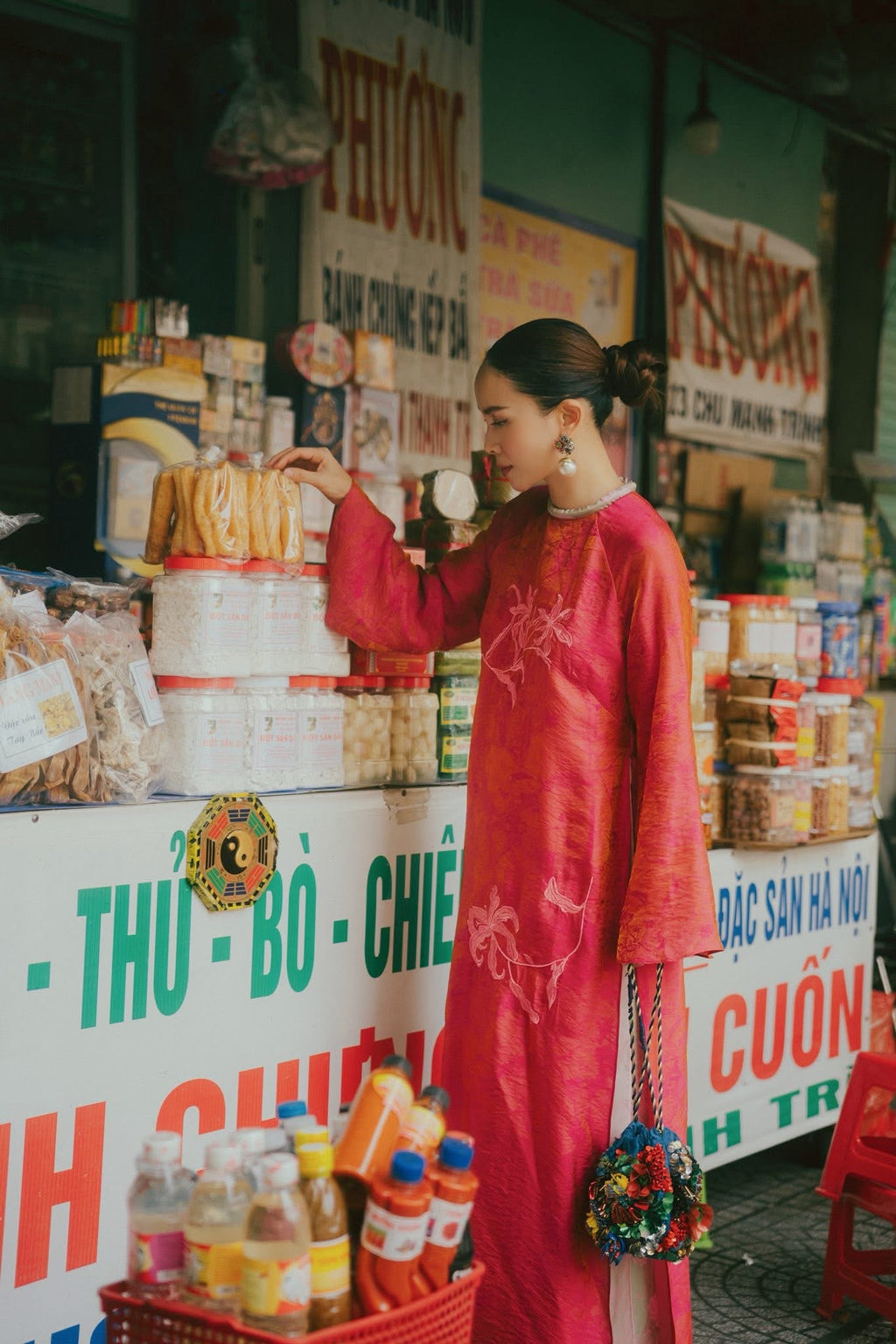 Luu Ly Ao Dai Set - Hangzhou Tencel Silk with Embroidery in Orange Red - styled presentation by SY Design