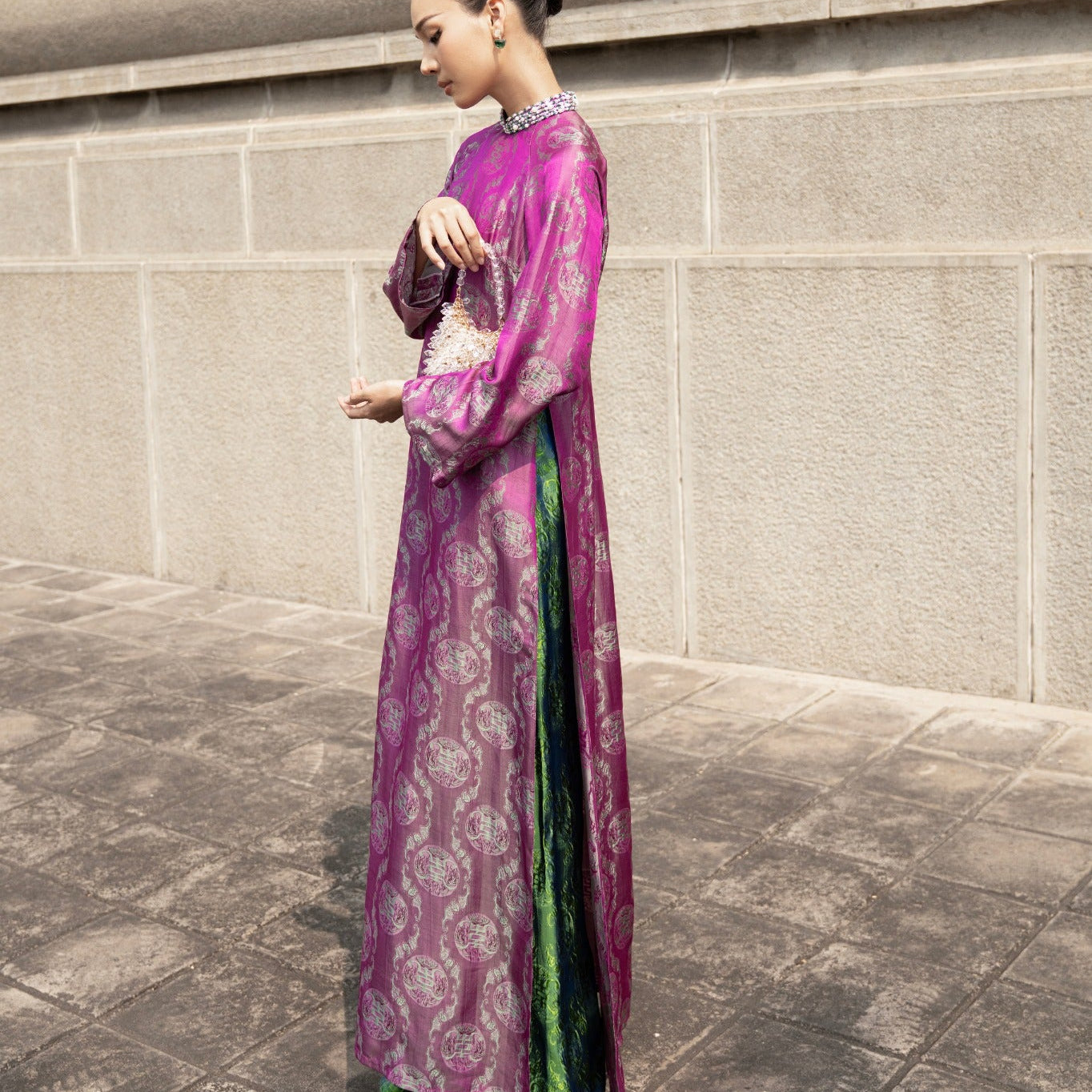 Dao Dai - Wormsilk Modern Ao Dai Set with beaded Collar in Wine pink - side profile by Tam