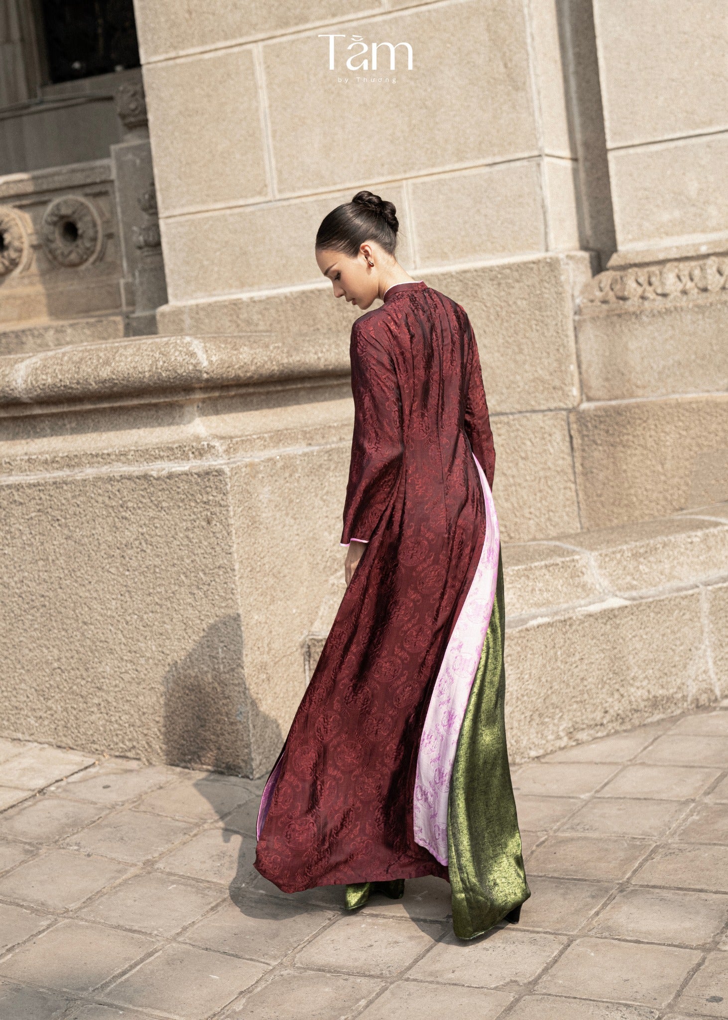 "Dang Van" - Double-layer Wormsilk Modern Ao Dai Set in Mahogany